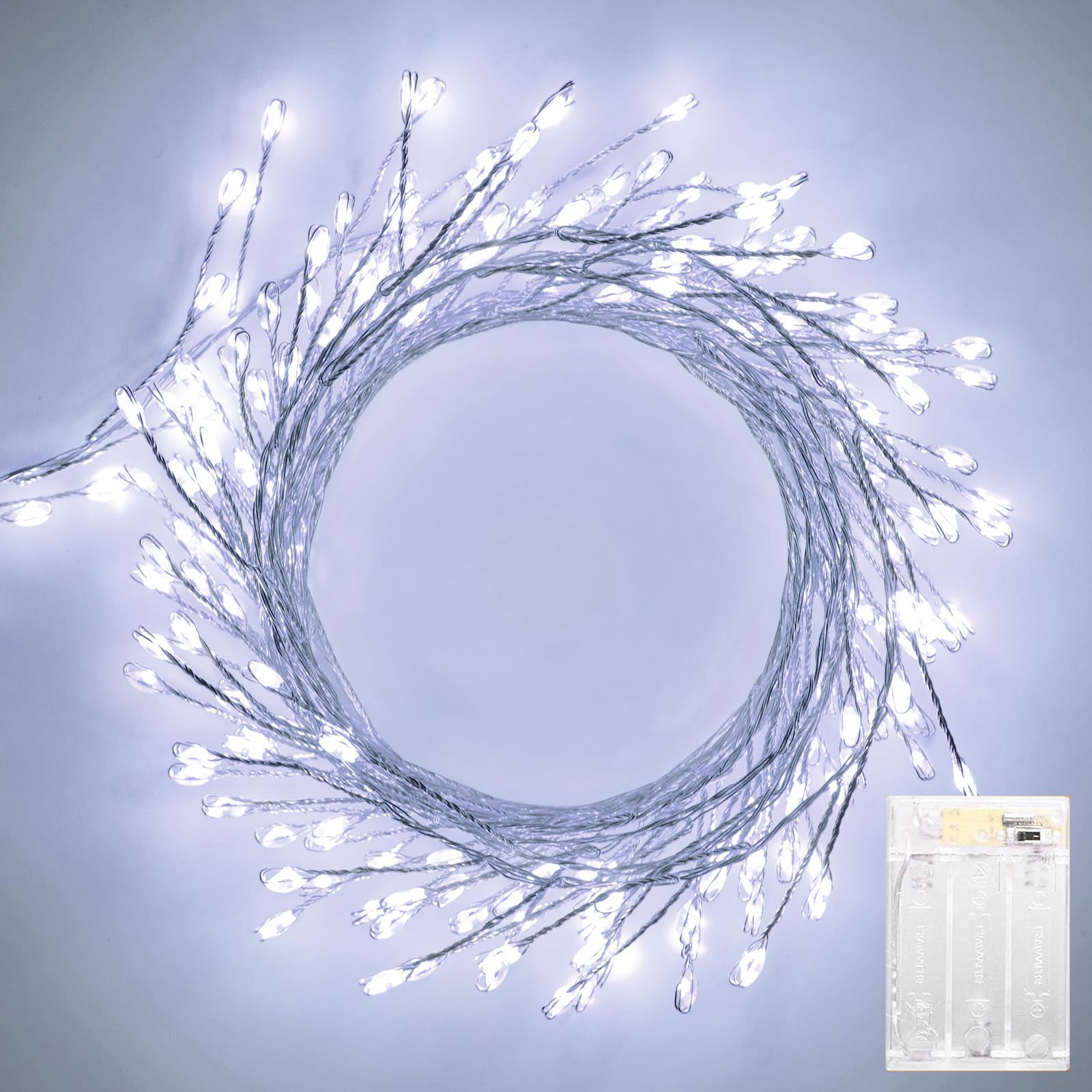 Pure White Battery Operated Fairy Lights, 2 Pack Totally 20 FT 240LED Twinkle Firecracker String Lights, Waterproof Cluster Lights for DIY Indoor