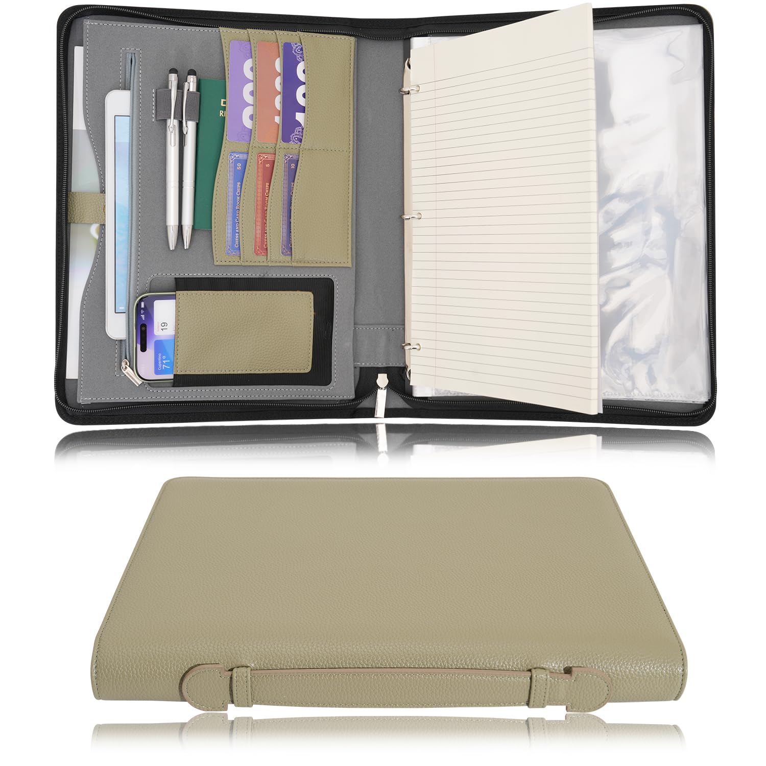 Wonderpool Travel Zippered Portfolio 3 Ring Binder A4 Padfolio Document Case with Removable Clipboard Legal Pad Holder, Business Office School Organizer for Men and Women (Green)