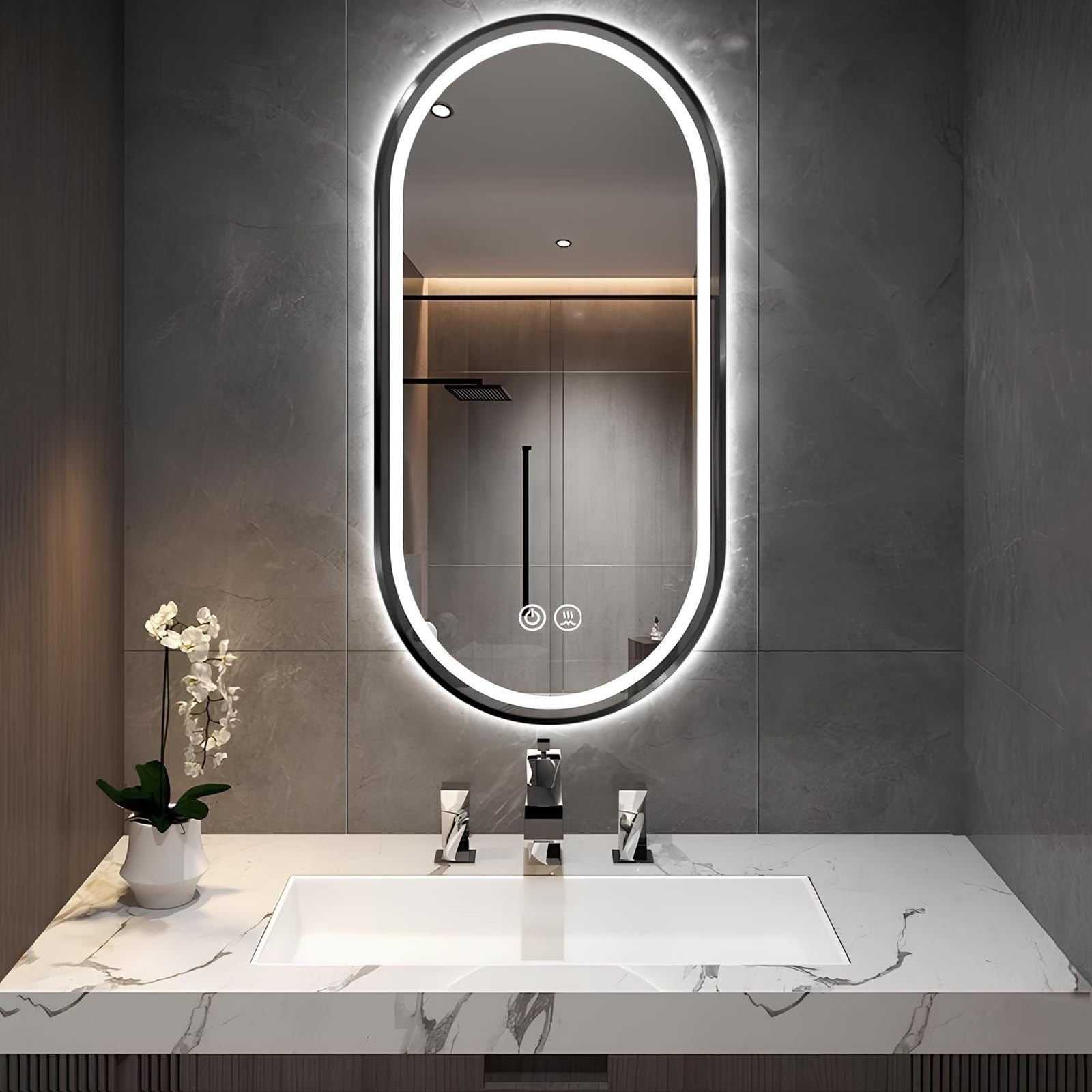 Owalne lustro łazienkowe LED, 3 kolory, bezstopniowe ściemnianie, przeciwmgielne, podświetlane, metalowa rama, montowane na ścianie, lusterko do golenia, czarne, 50 x 80 cm (19,7 x 31,5 cala)