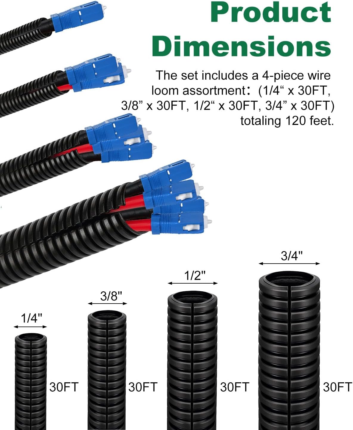MUZIK Split Wire Loom Tubing, 4 Pack 120 Ft Wire Loom, 1/4" 3/8" 1/2" 3/4" x 30FT Black Flame Retardant PP Conduit for Automotive Wiring & Cable Protection
