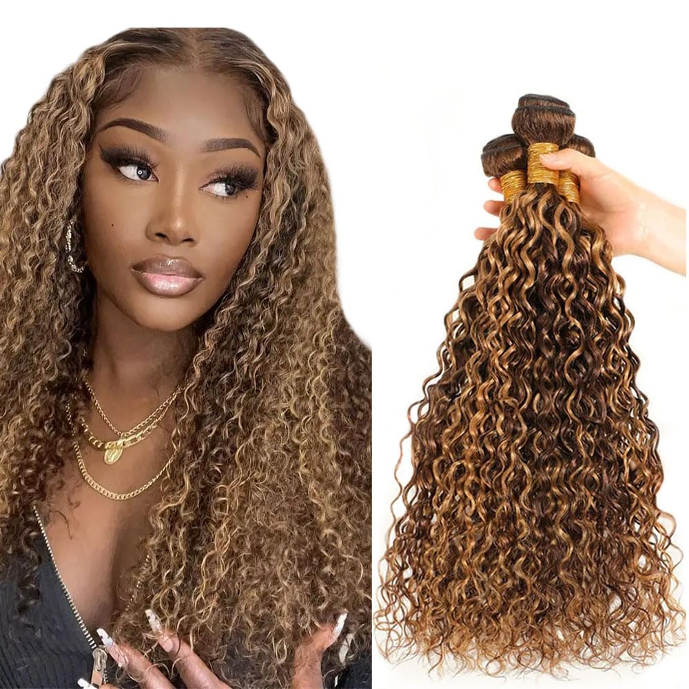 P427 Highlight Blonde Bundles Human Hair Brown Water Wave 3 Bundles 32 32 32 Inch Unprocessed Brazilian Virgin Remy Honey Blonde Water Wave Bundle Human Hair Extensions