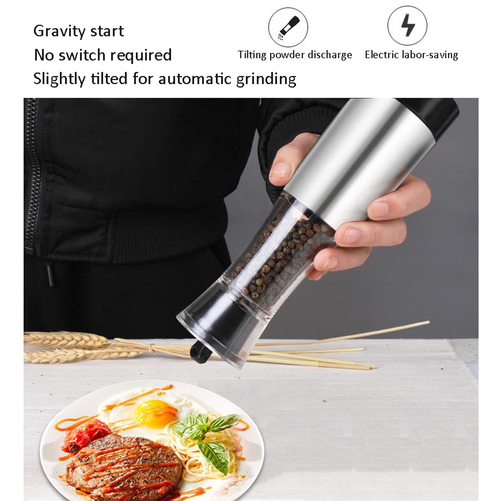 Młynek do pieprzu młynki do soli grawitacja indukcyjna młynek automatyczne zasilane bateriami młynki do pieprzu ze stali nierdzewnej ceramiczny mechanizm mielenia regulowany mielenie grubość (2 szt.)