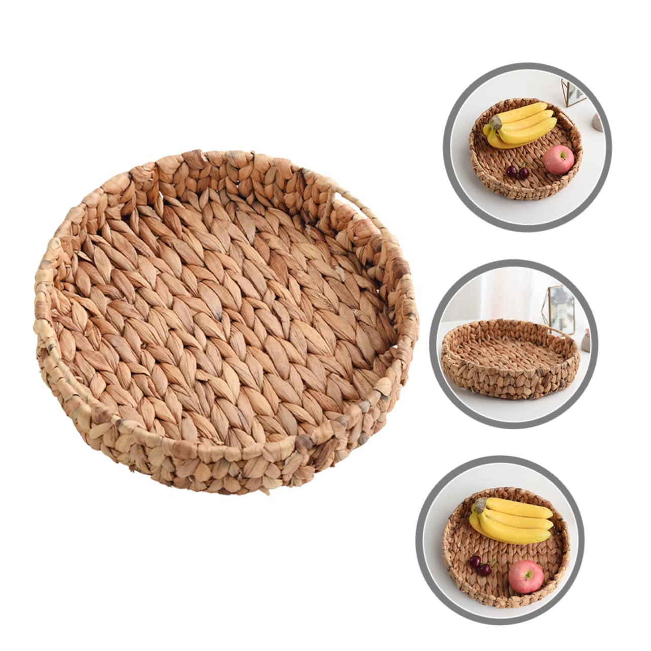 HOLIDYOYO Woven Fruit Basket Vanity Basket Wicker Serving Platter Round Key Bowl Straw Veggie Basket Jewelry Plate Weaving Storage Basket Toy Basket Woven Table Basket Decor
