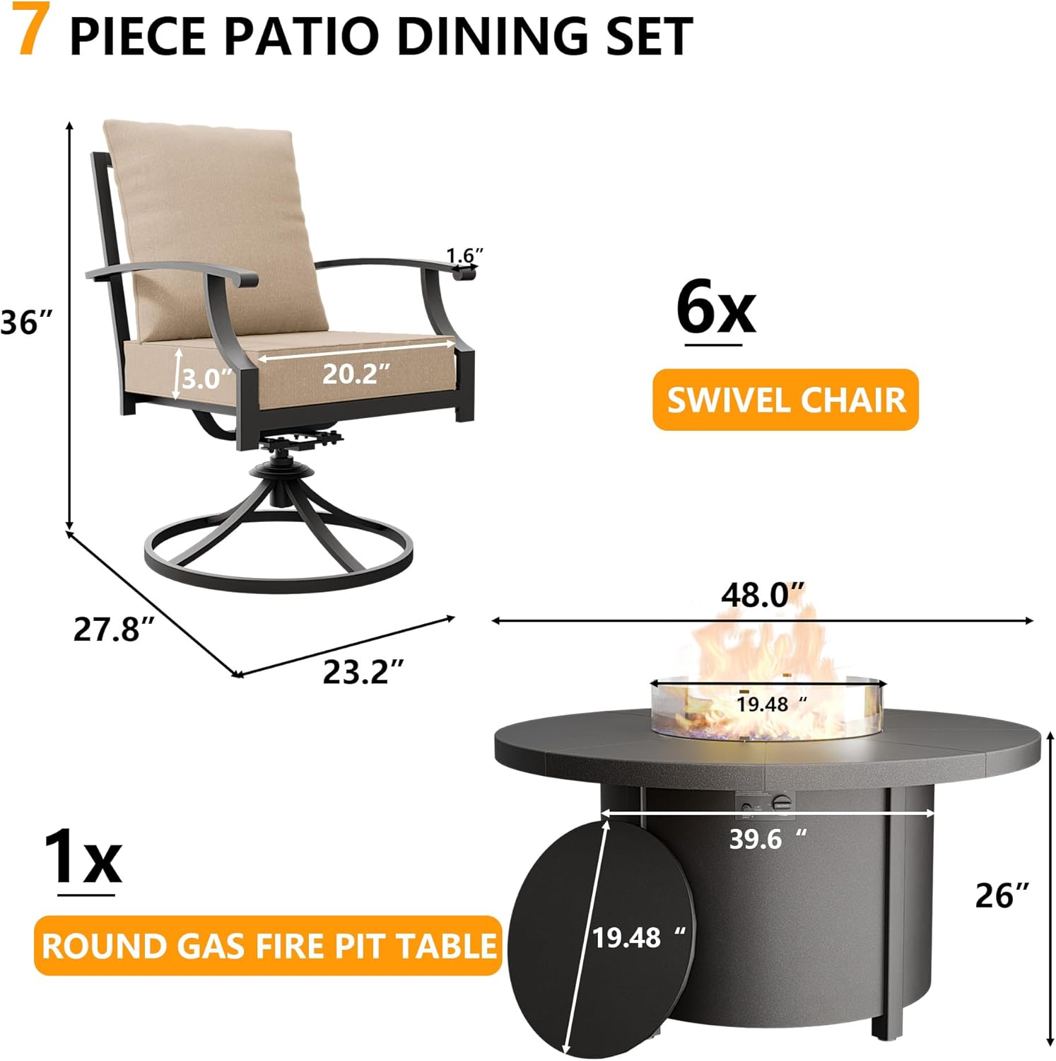 ASMJR 7 Piece Metal Outdoor Patio Furniture Set with 48" Round Propane Fire Pit, Outdoor Dining Table Set with 6 Swivel Chairs and 55000 BTU Outdoor Fire Pit, Sand