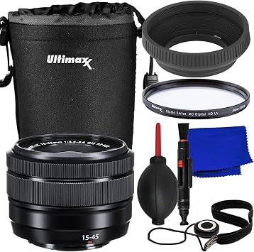 Ultimaxx Essential Fujifilm XC 15-45mm f/3.5-5.6 OIS PZ Lens Black Bundle White Box - Includes Protective UV Filter, Lens Hood, Water-Resistant Lens Pouch & More 10pc Bundle