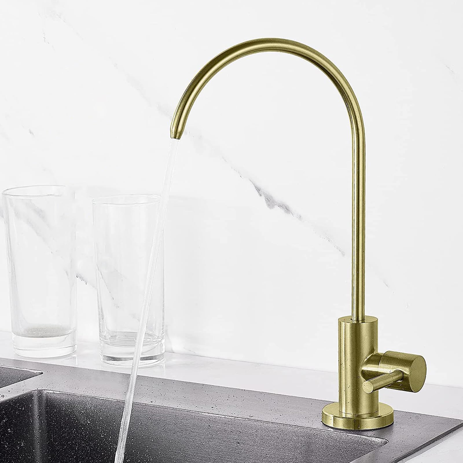Faucet Gold Swan Neck Kitchen Sink Faucet with 360° Swivel Drinking Water Filter Tap Single Cold