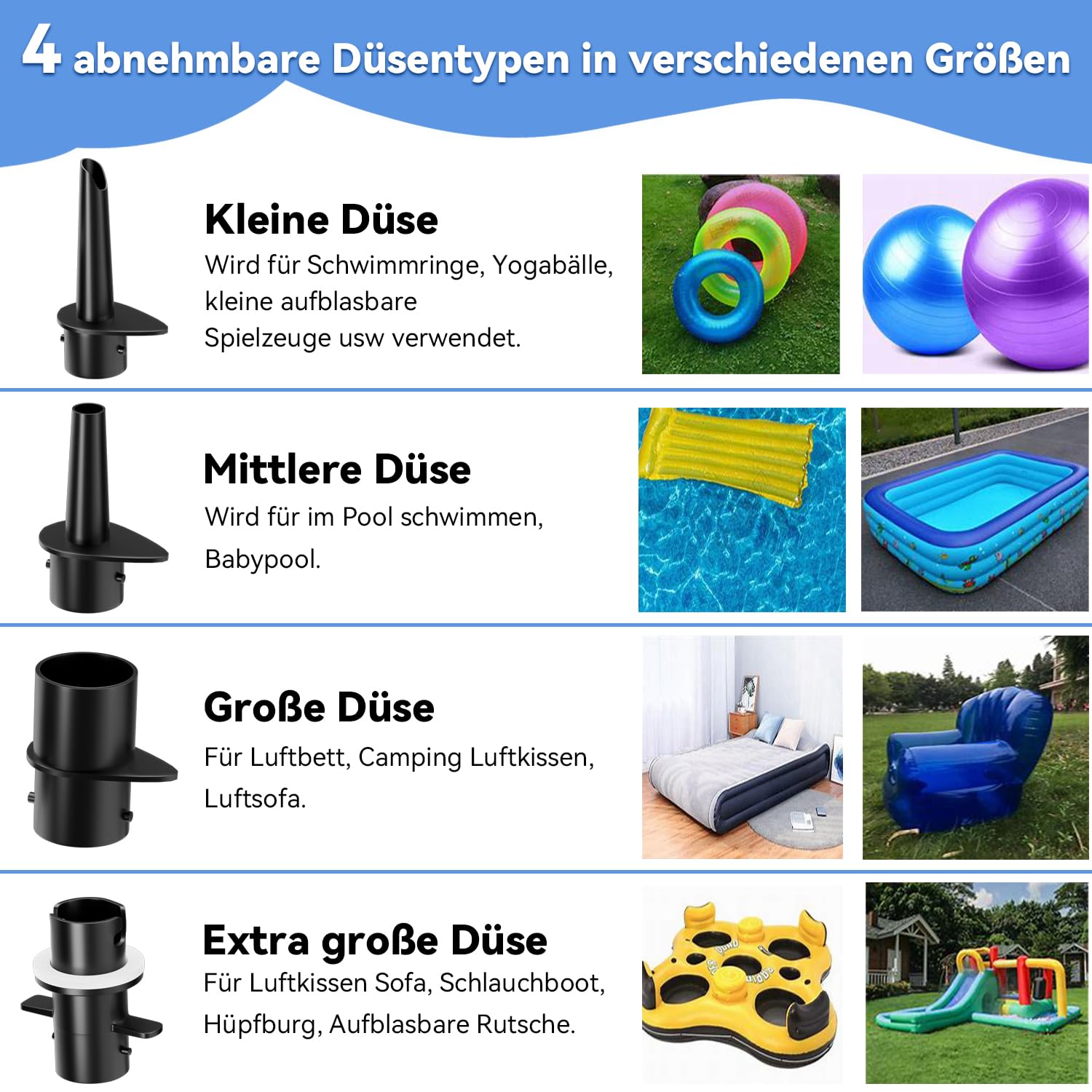 DOBESTS Elektrische Luftpumpe, Elektrische Pumpe mit 4 Düsen für Aufblasbare Air Track Matte, Luftmatratze, Schwimmringe, Flöße, Wasserbetten, Boote, Kinderbecken, SUP Board, Yoga-Bälle usw