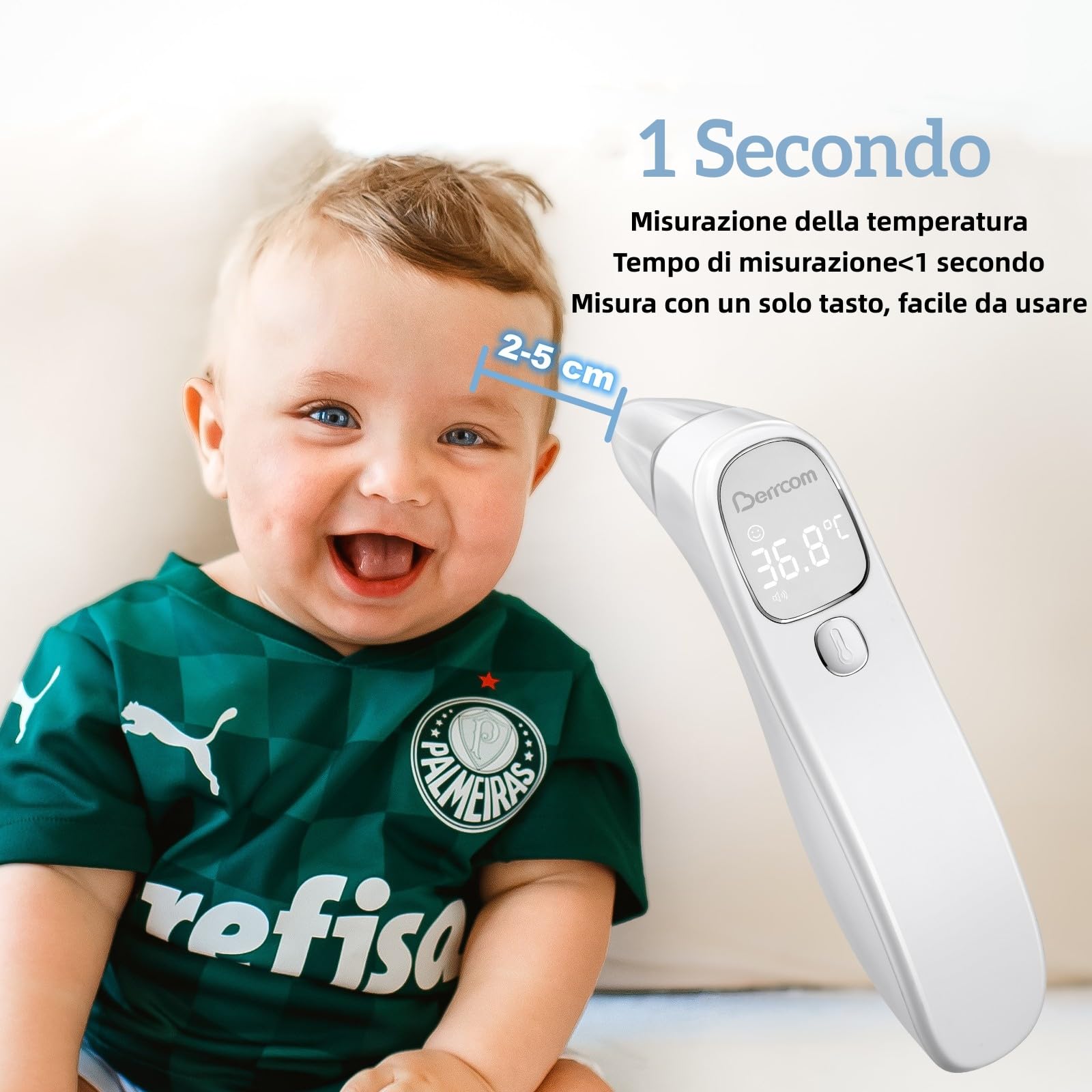 Berrcom Termometro Fronte e Orecchio Termometro Febbre Infrarossi Senza Contatto Termometro Neonato Digitale con Lettura Istantanea, Interruttore °C/°F, Allarme Febbre