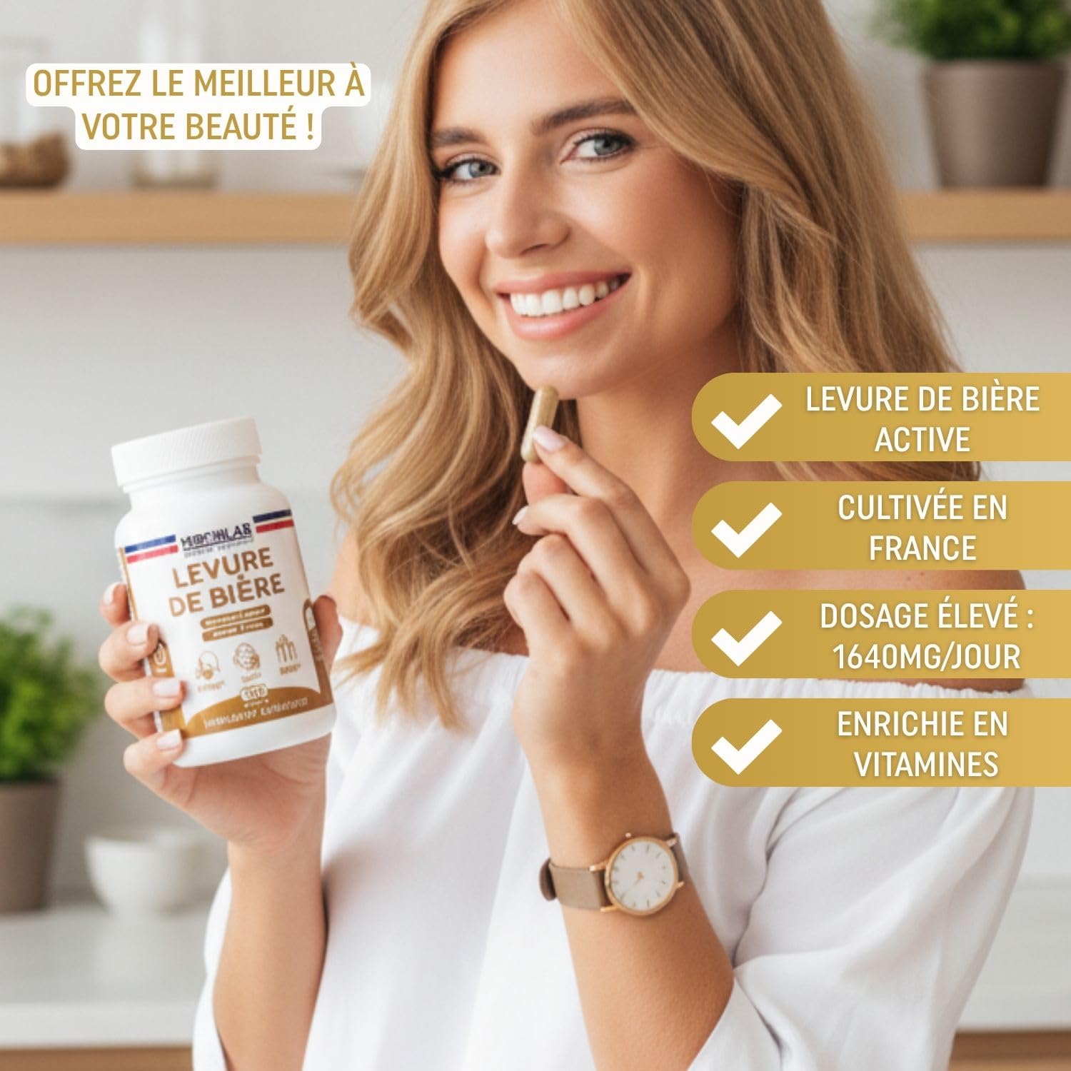 Levure de Bière Active - Pousse Cheveux - Haut Dosage 1640mg - Testé - Enrichi Vitamines & Minéraux - Complément alimentaire Peau & Ongles - 120 gélules/1 mois - Laboratoire Français MIRONLAB