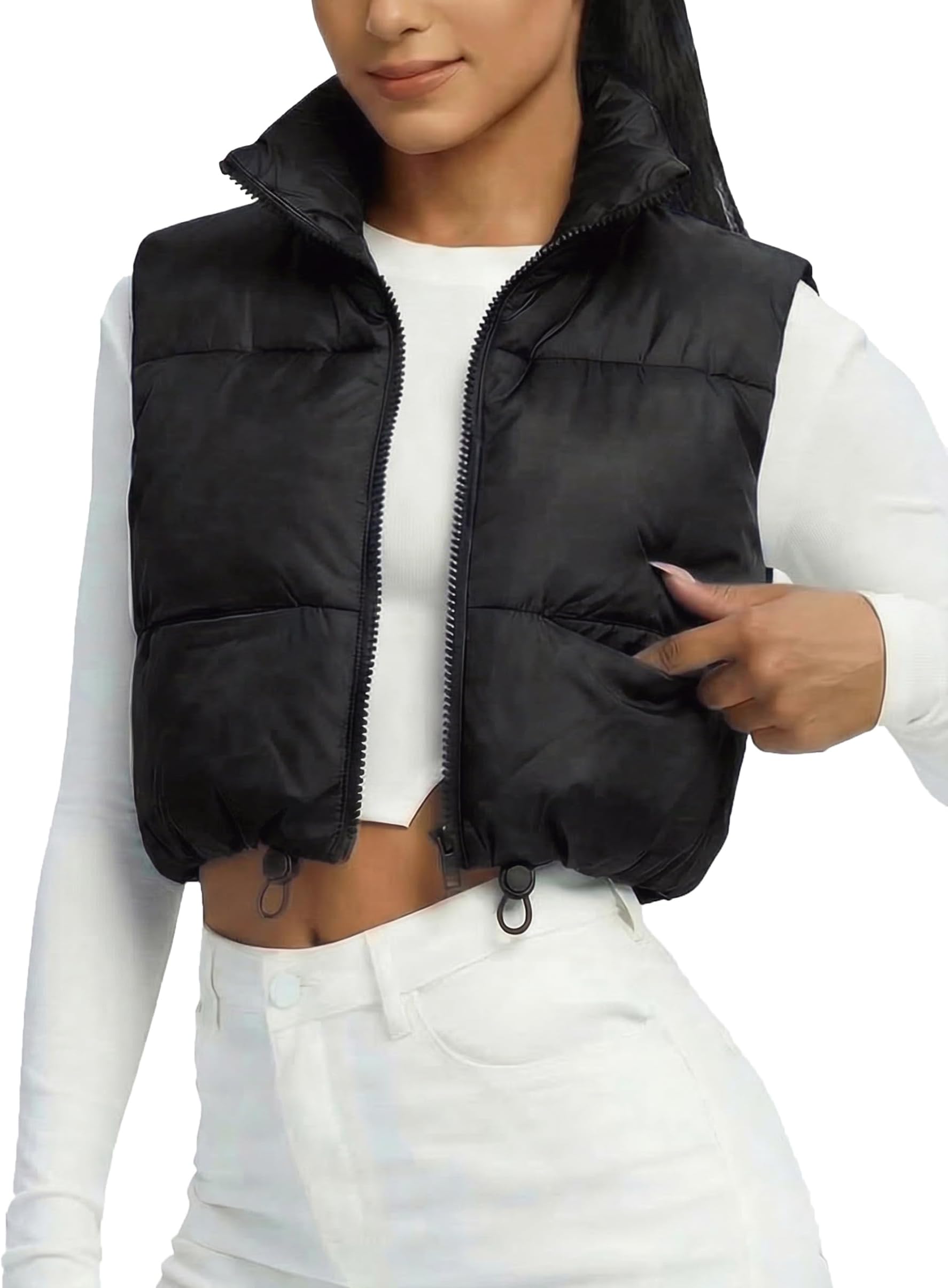 Women's Padded Vest, High Stand Collar Lightweight Zip Crop Puffer Gilet