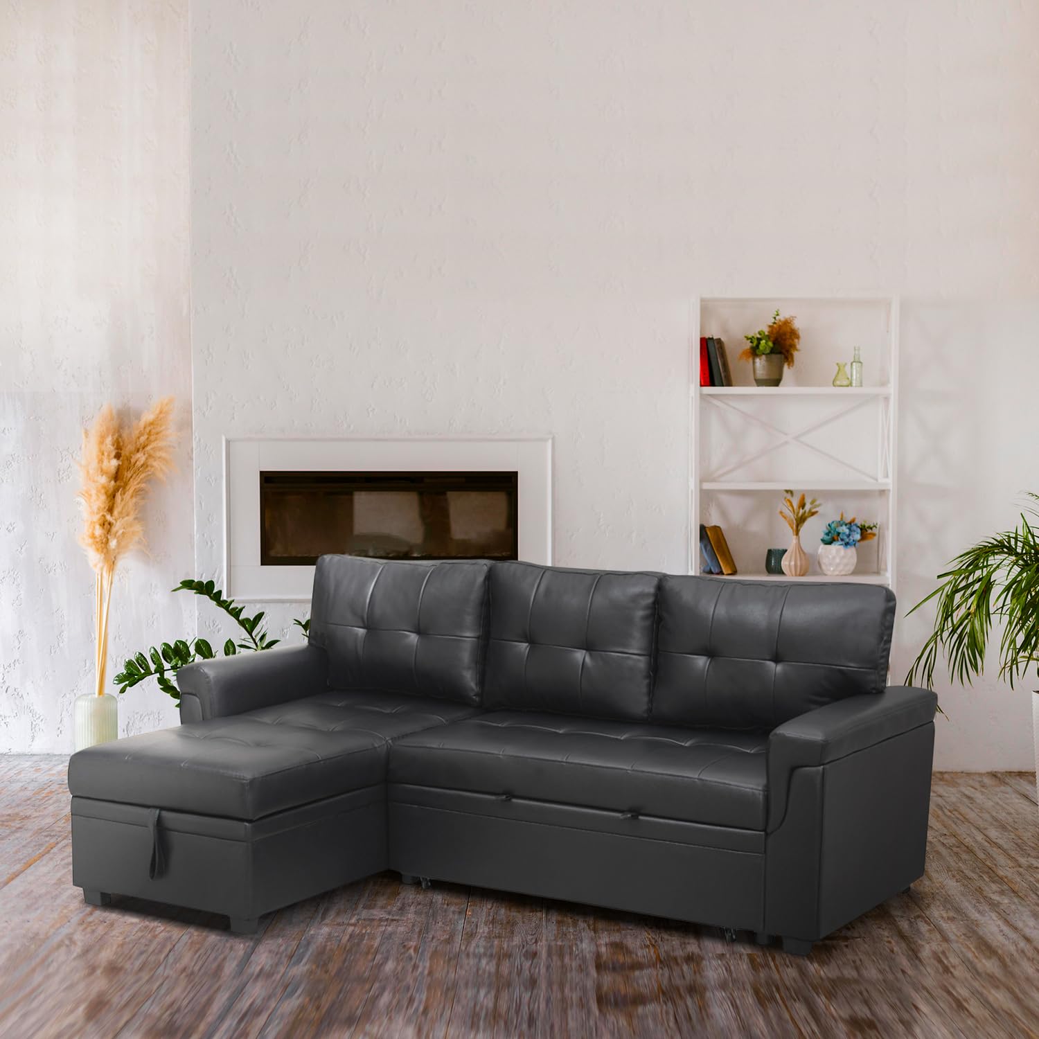 Naomi Home L-Shaped Reversible Sectional Sofa with Pull-Out Sleeper Bed and Storage Chaise, Black Air Leather