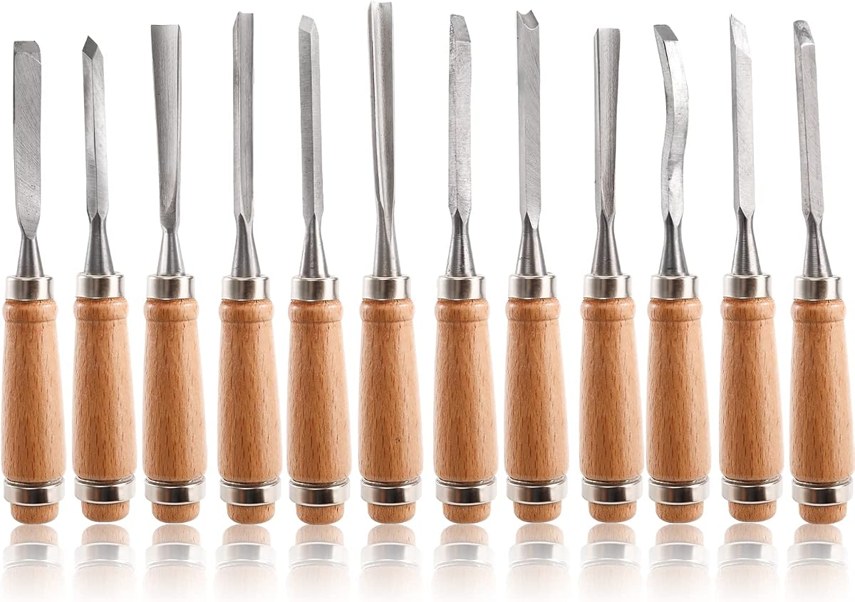 Dicunoy 12 PCS Wood Carving Tools, Gouges Woodworking Chisels, Full Size Wood Carving Knifes for Beginner, Hobbyists, Professionals, Artistic, Gifts for Him, Father's Day