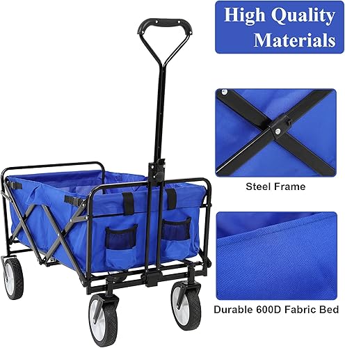 Miniatura 5 de Carrito de jardín plegable, carrito de comestibles con ruedas giratorias todo terreno y mango ajustable, plegable de acero resistente para parque