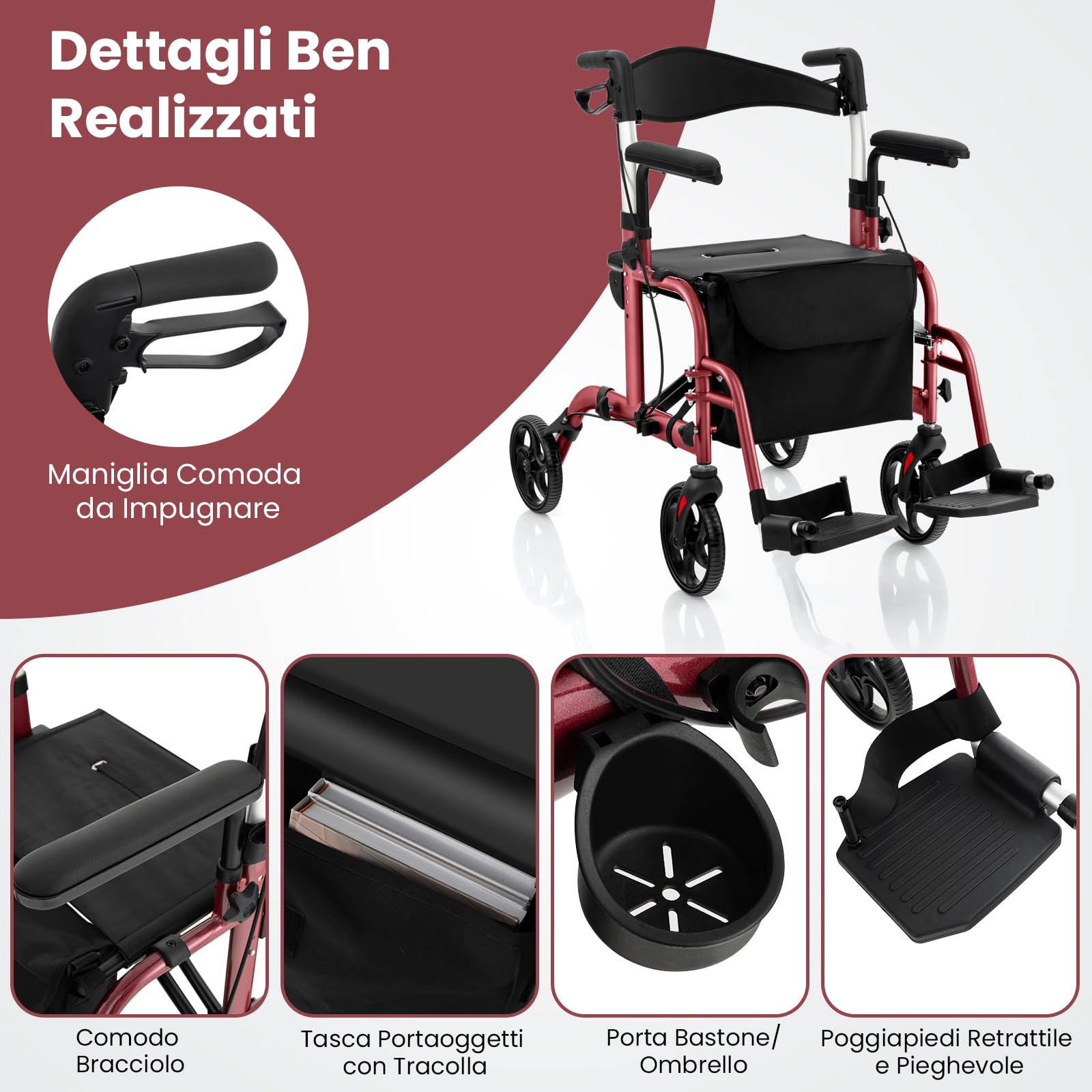 COSTWAY Deambulatore per Anziani Pieghevole con Seduta e 4 Ruote, 2 in 1 Deambulatore e Sedia a Rotelle con Schienale Reversibile, Maniglia Regolabile, Freno a Mano, Porta Ombrello e Borsa (Rosso)