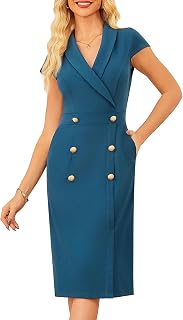 Women Work Bodycon Dresses 2025,Business Office Midi Cap Sleeve Button Pencil Formal Outfits with Pockets