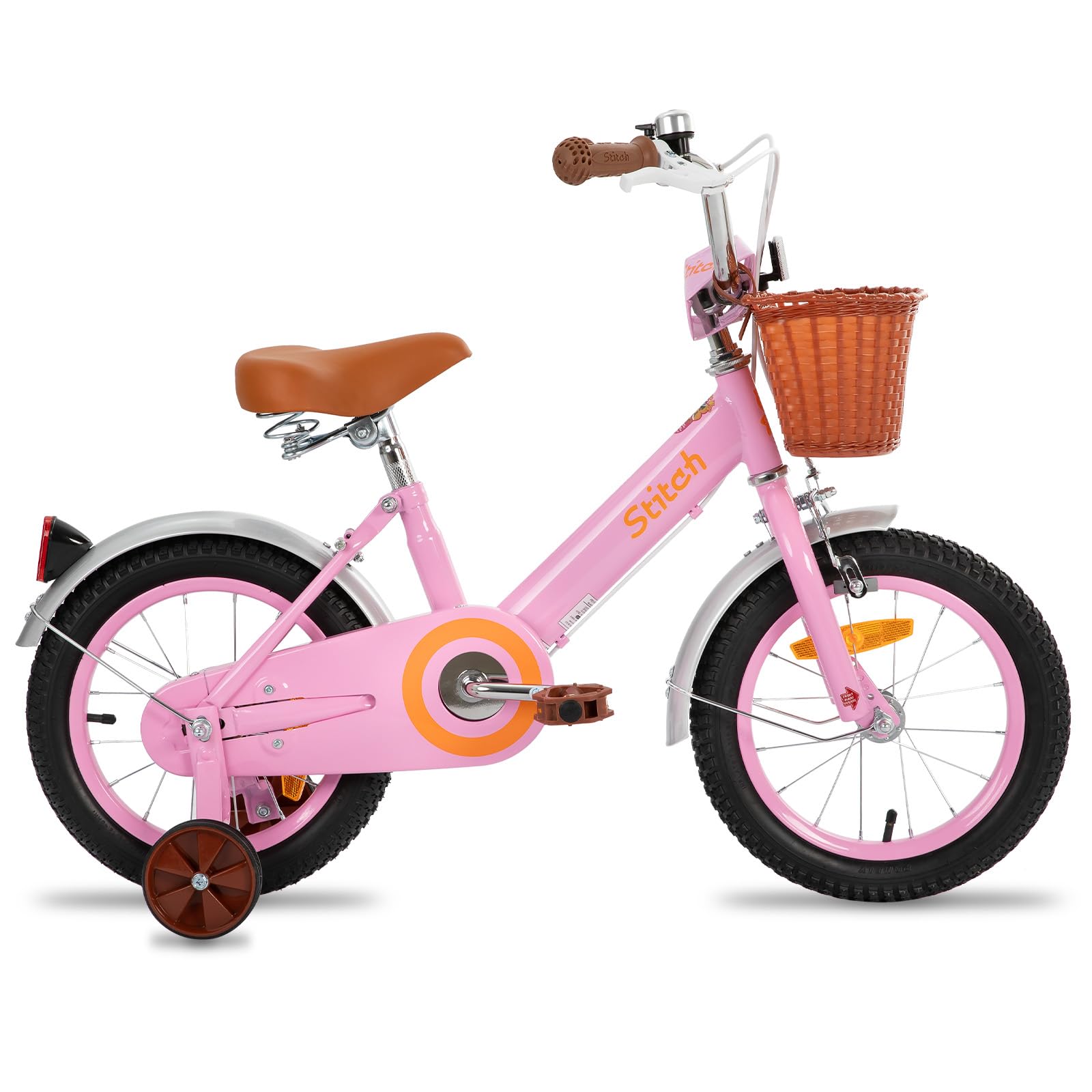 STITCH Bicicleta Infantil 14/16 Pulgadas Rosa/Beige para Niñas y Niños de 3, 4, 5, 6 y 7 Años Kids Bike con Cesta Delantera y Ruedas de Apoyo…