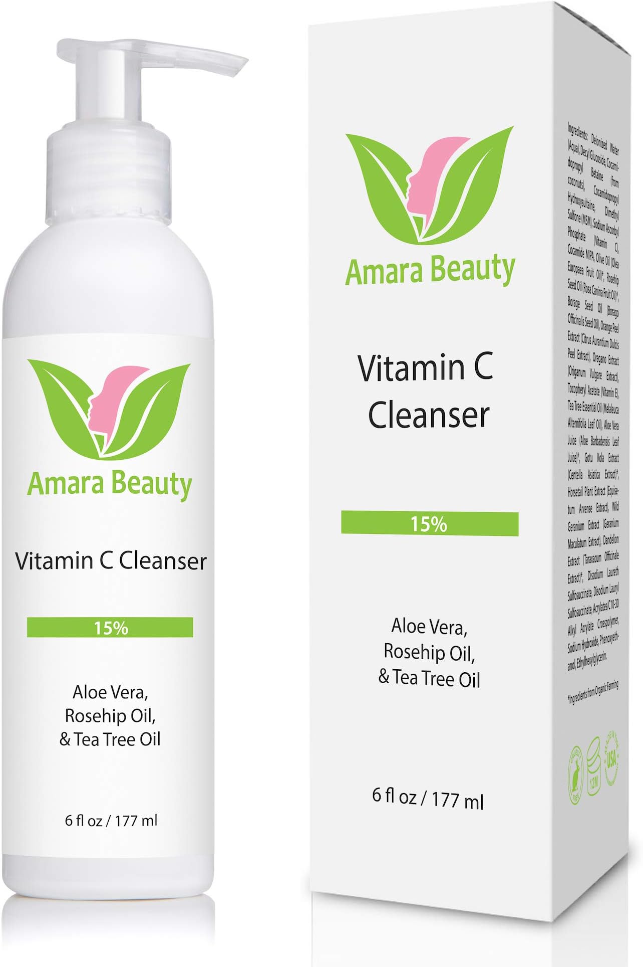 Amara Beauty Facial Cleanser with 15% Vitamin C, Aloe Vera, Rosehip Oil & Tea Tree Oil, 6 fl. oz.