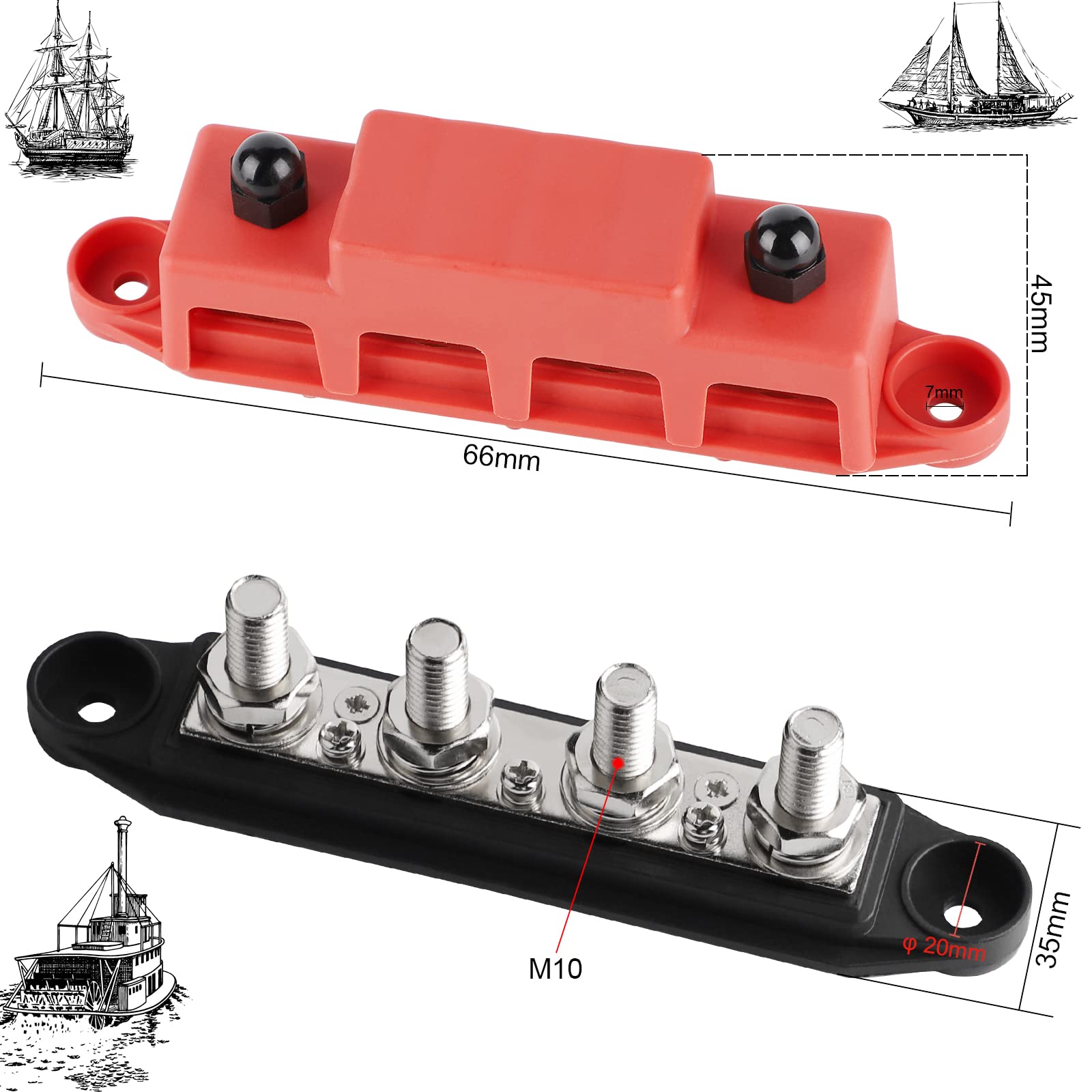 CPROSP 2 barras colectoras con tapa de 250 A, riel de distribución de energía con 4 conectores M10, bloque de conexión de batería de 3/8", caja BusBar para coche RV Boat Yate