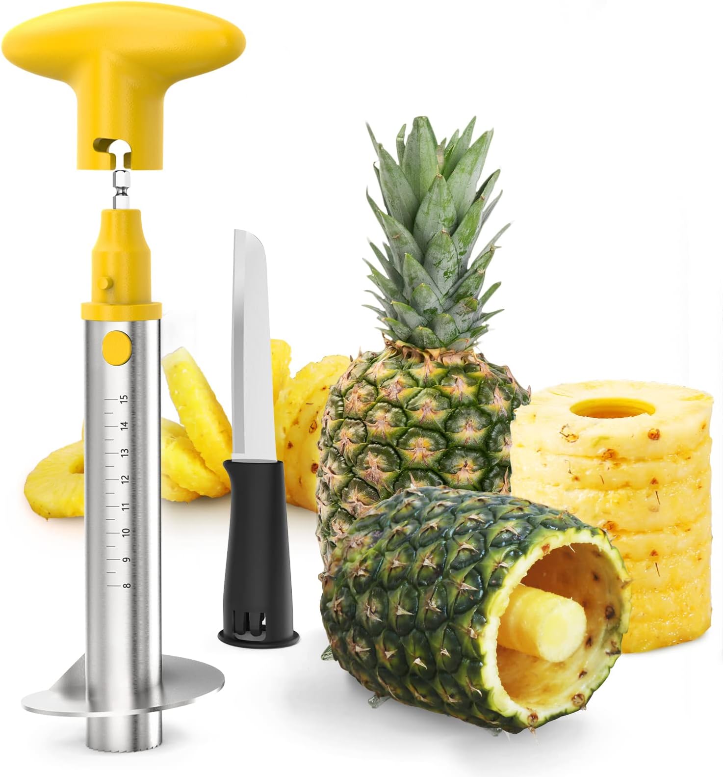 Newness Pineapple Corer with Knife, [Upgraded, Electric & Manual] Stainless Steel Fruit Pineapple Cutter with Electric Drill Accessory, Pineapple Slicer Remover Kitchen Tool with Measure Mark, Yellow