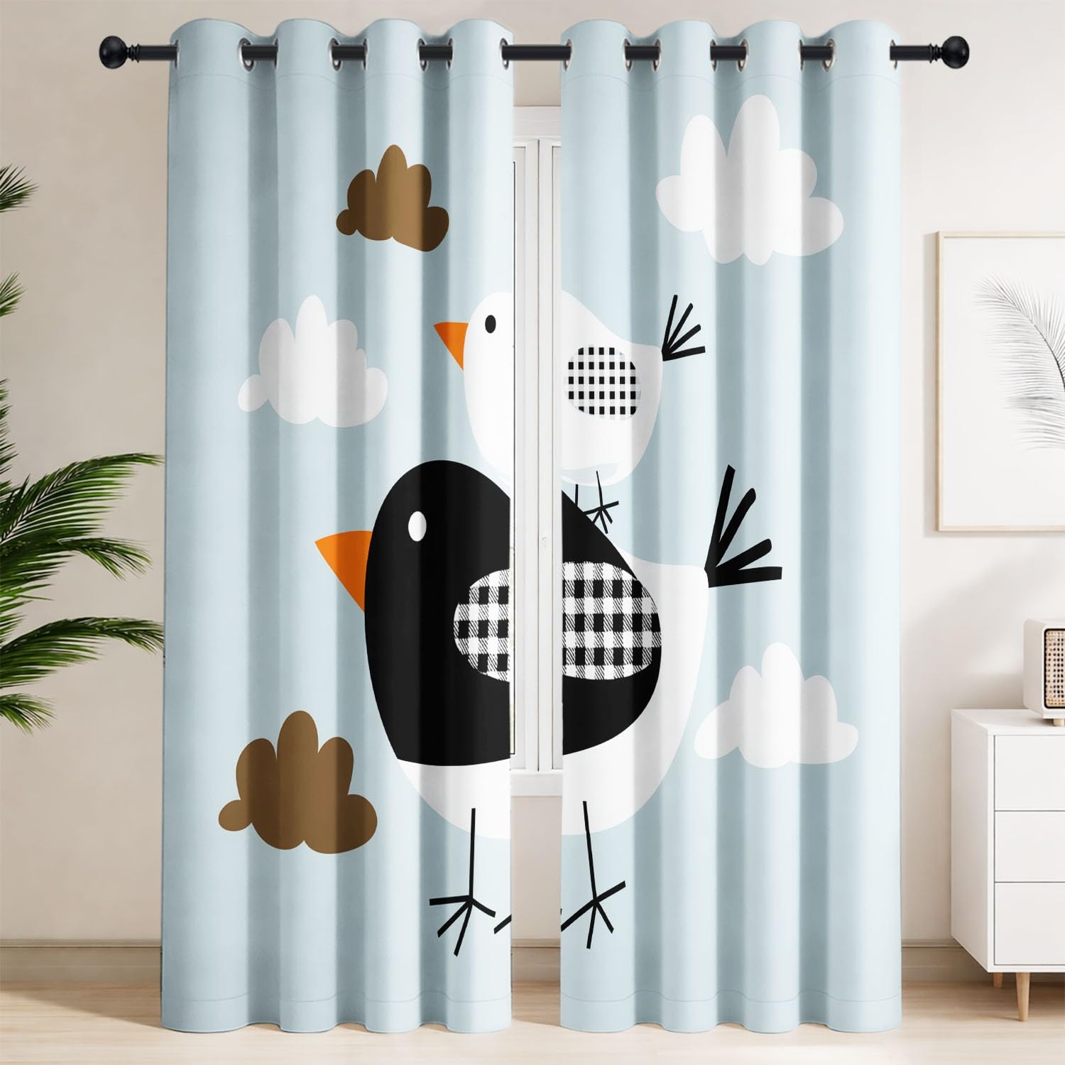 Rideau Occultant Géométrique Minimaliste Lot de 2 L 140 x H 220 cm Oiseaux Carreaux Nuages Rideaux Imprimés en Polyester à Oeillets Isolant Thermique Anti Froid pour Salon et Chambre d'enfant