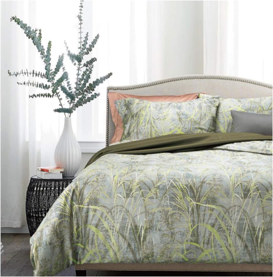 Eikei Home Minimalist Abstract Striped Duvet Quilt Cover Dusty Taupe Tan Light Grey Geo Brush Stroke Pattern 100-percent Cotton Sateen 400TC 3 Piece Bedding Set (King, Green Leaf)