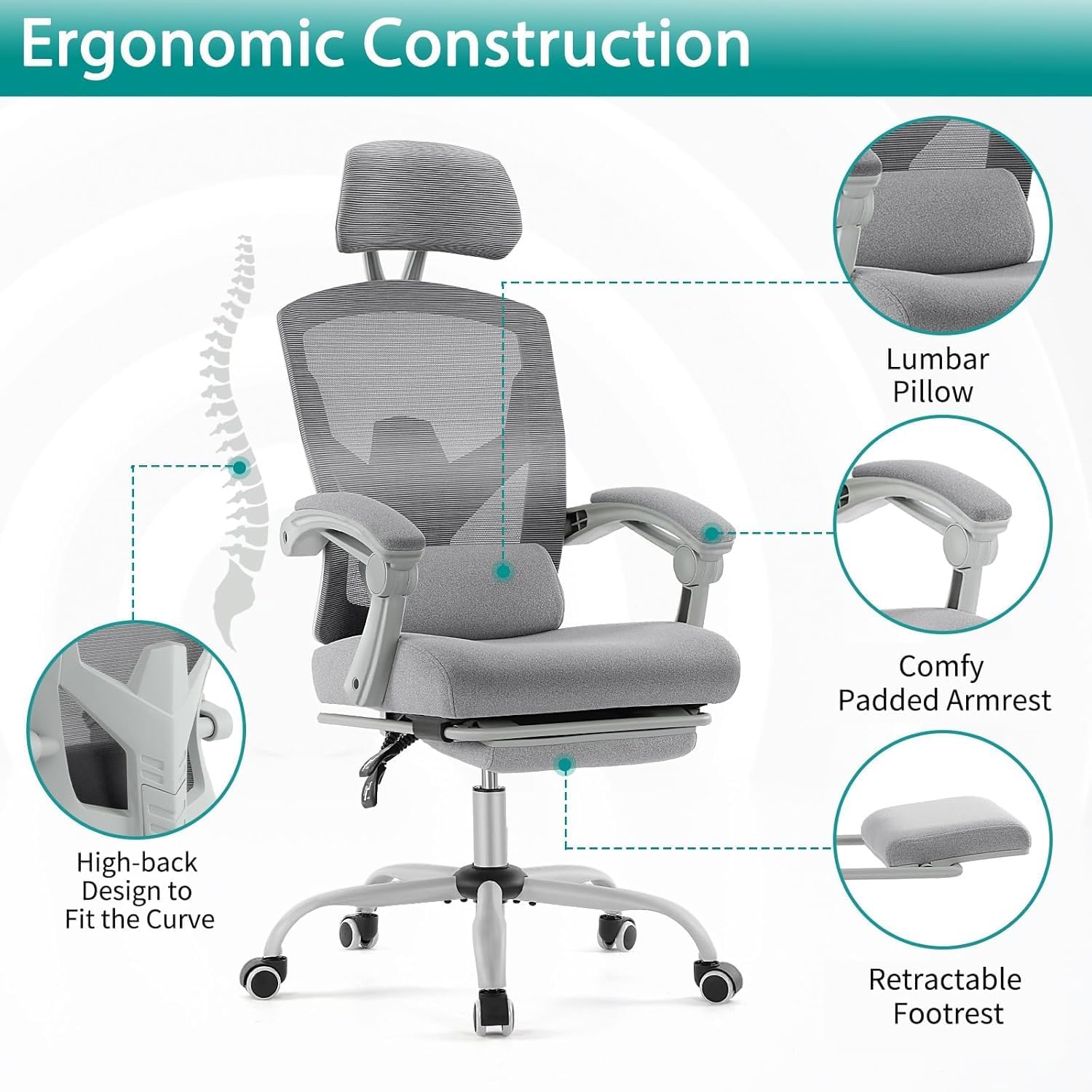 DUMOS Home Office Desk Chair with Footrest, High-Back Mesh Rolling Swivel Reclining Chairs with Wheels, Comfortable Headrest, Lumbar Support, Comfy Arms for Home, Office, Gaming, Student,Elegant Grey
