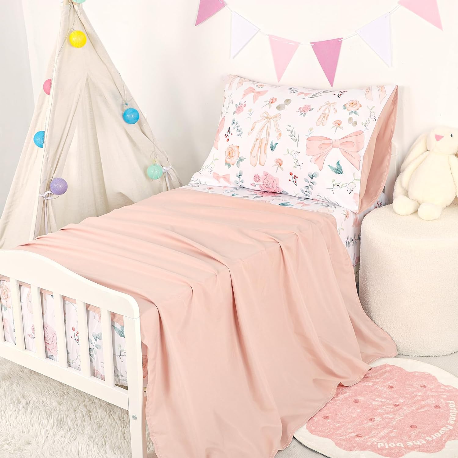 GFU 4 Piece Toddler Bedding Set, Ultra Soft and Breathable Toddler Comforter Sets for Girls Includes Quilted Comforter, Fitted Sheet, Flat Sheet and Pillowcase, Pink Flowers - Image 4