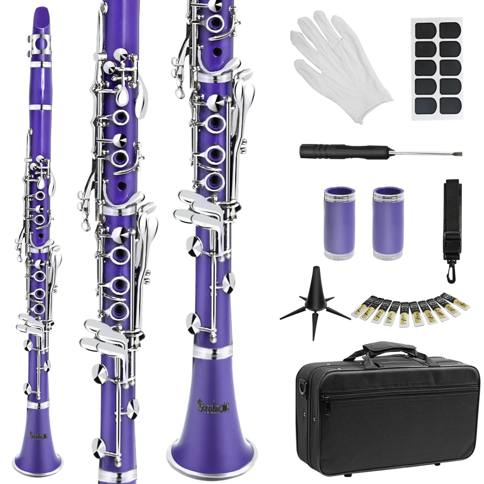 Soulmate Clarinet Bb Flat 17 Nickel Keys Purple Clarinet for Student Beginner with 2 Barrels Hard Case and Cleaning Kit