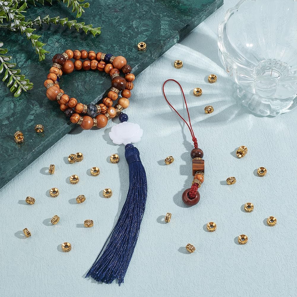 PH PandaHall 200pcs Tibetan Spacer Beads Antique Golden Flat Round Beads 7.5x3mm Carved Roundelle Spacer Beads Metal Loose Beads for Jewelry Bracelet Necklace Making DIY Crafts Hole 2.5-3mm - Image 5