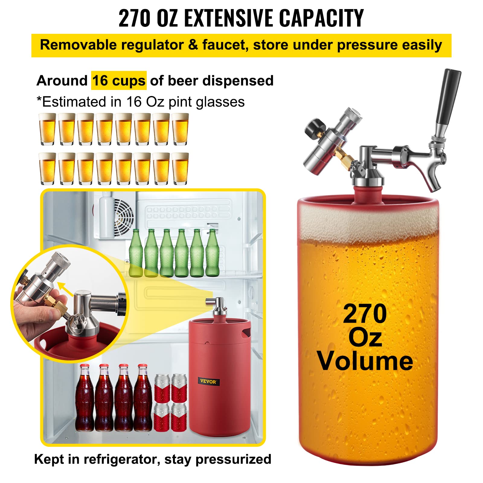 VEVOR Beer Growler Tap System, 270Oz Mini Keg, 8L Pressurized Beer