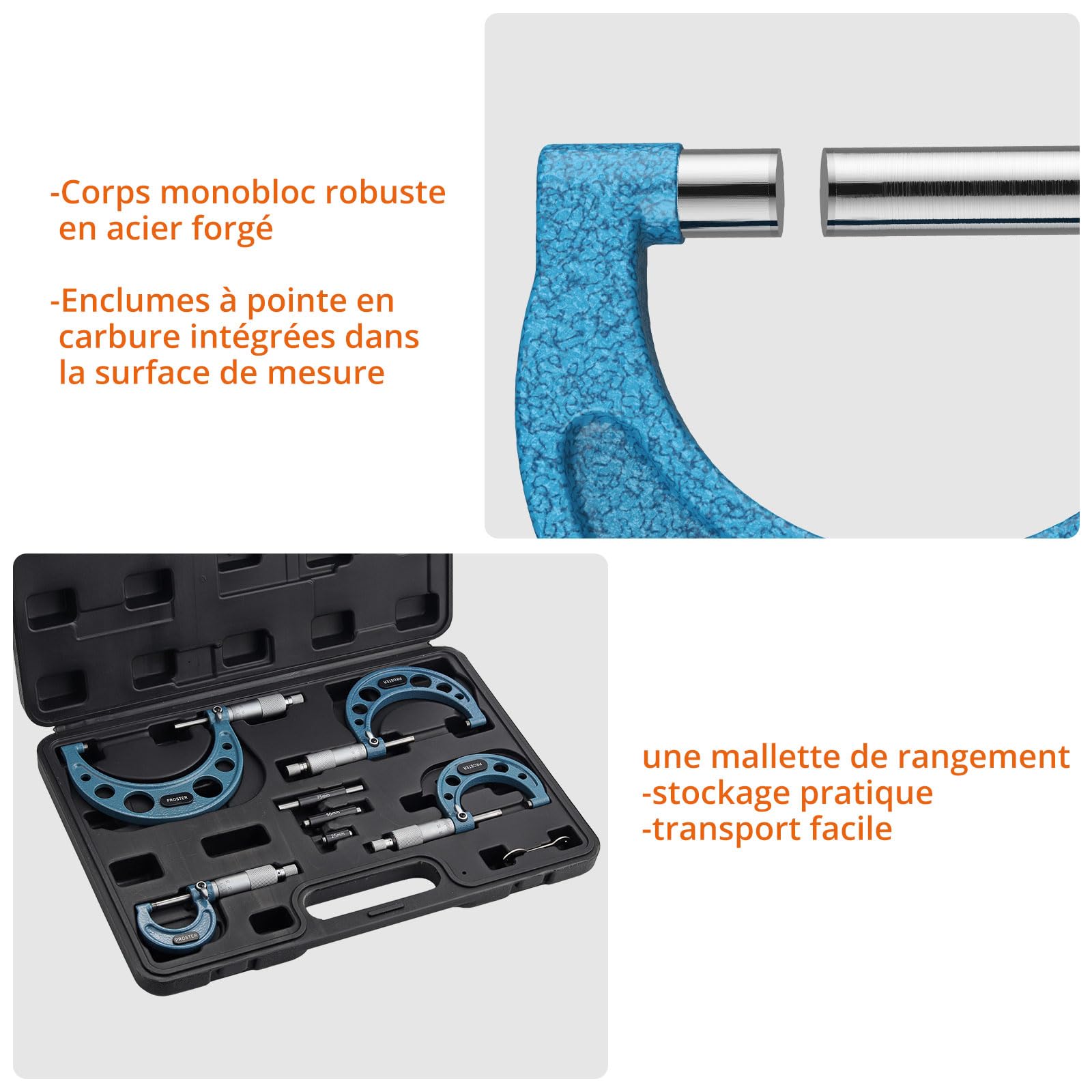 Proster Micromètre Extérieur 0–100mm 4 Pièces – Précision 0,01mm avec Ratchet Stop, Satin Chrome & Échelle Laser, Ensemble Professionnel pour Atelier, Contrôle Qualité et Machiniste