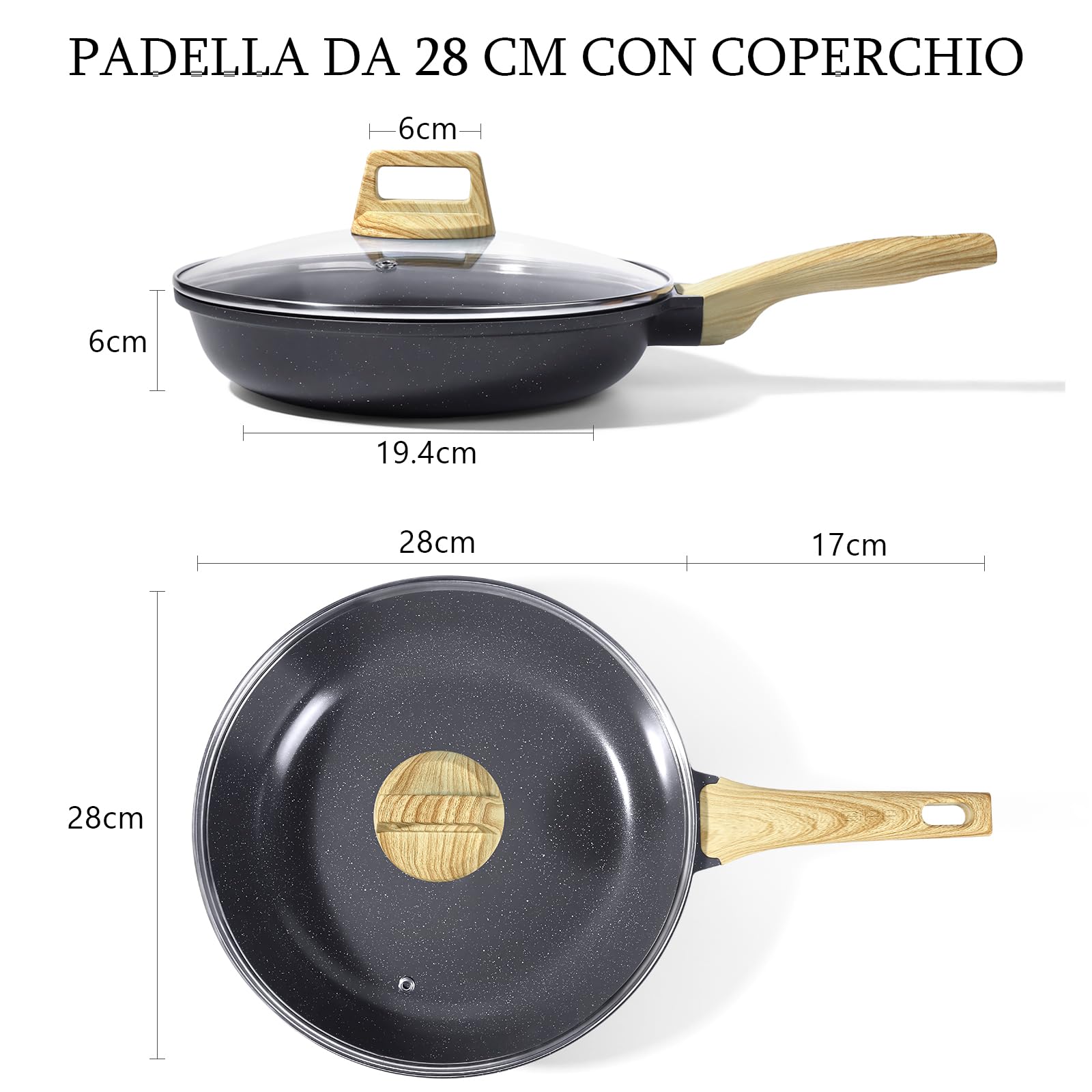 GiPP Padella Antiaderente in Ceramica con Coperchio – Padella Sana e Atossica da 28 cm, Compatibile con Induzione, Senza PFAS e PFOA, Lavabile in Lavastoviglie(Grigio,28cm+Coperchio)