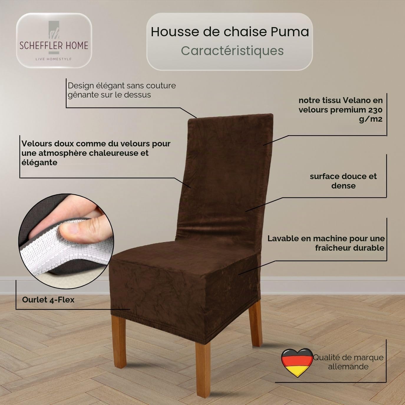 SCHEFFLER-Home Housse de Chaise Extensible « Puma Velvet » / Lot de 4 / Marron/Housses de siège élastiques en Velours/Housses de Chaise pour Chaise Luge