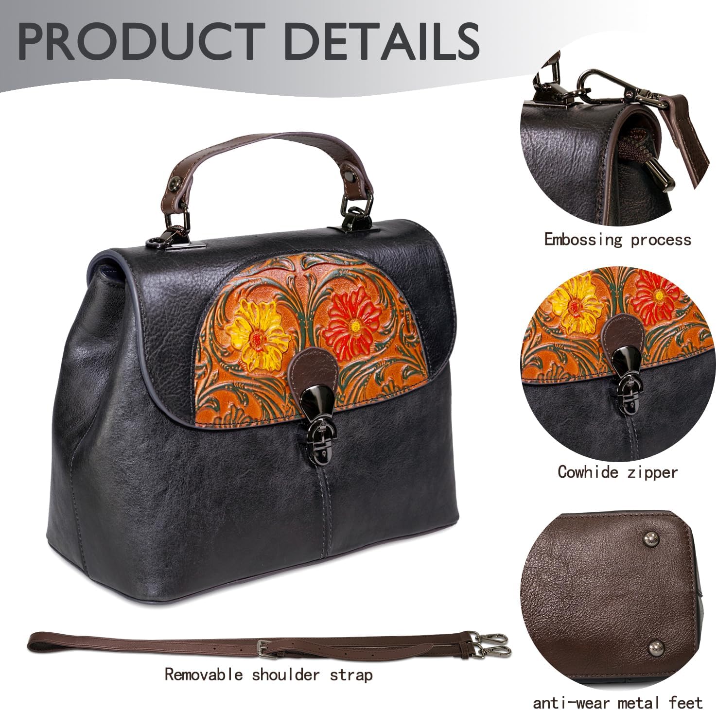 Genuine Leather Vintage Bag & Wallet Set for Women - Cowhide Crossbody Purse with RFID Blocking Wallet, Flower Embossed Retro Gift Combo - Image 5