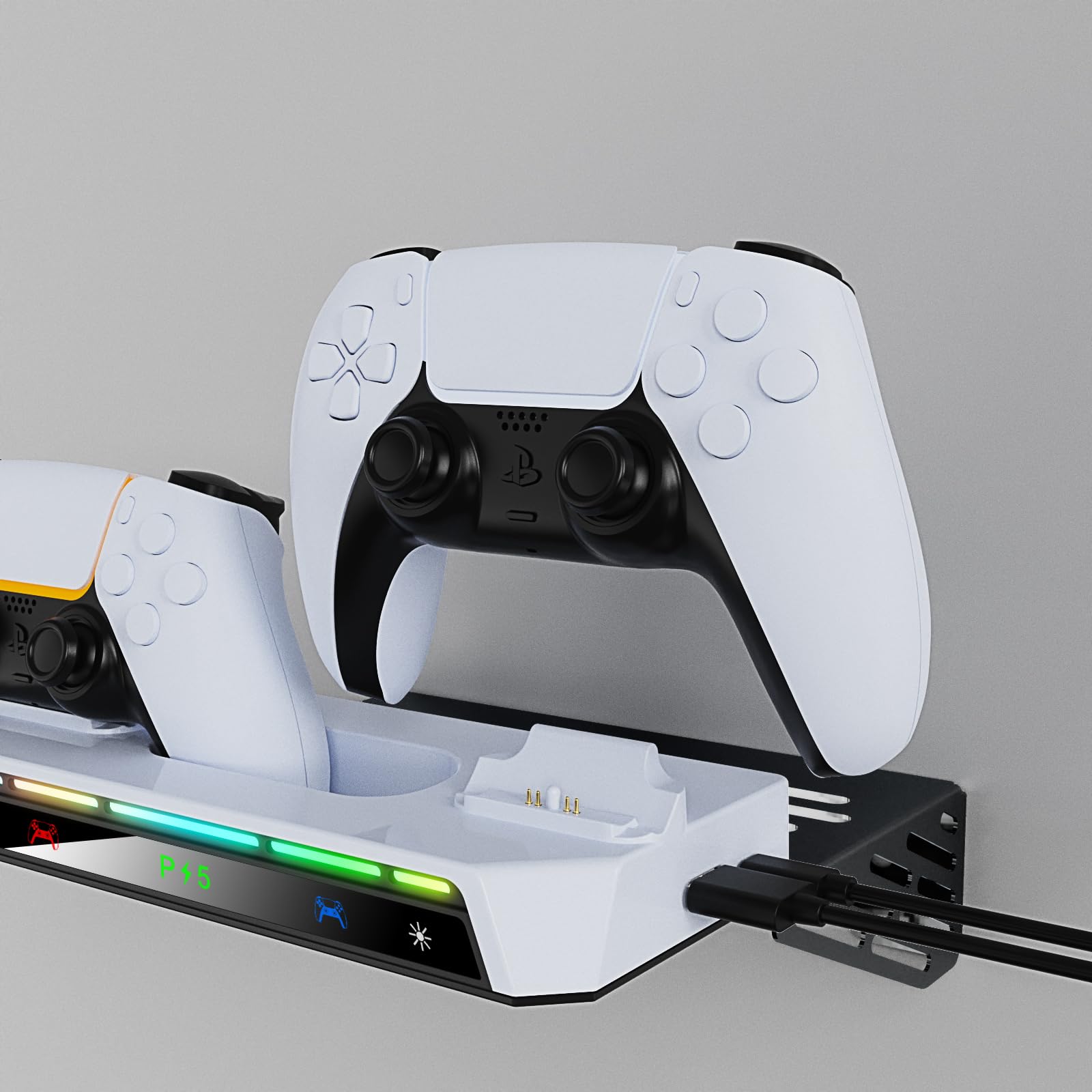 Stojak ścienny do konsoli PS5/PS5 Slim/PS5 Pro, uniwersalny uchwyt ścienny uchwyt gamepad stojak ładujący wieszak na słuchawki ze światłem RGB