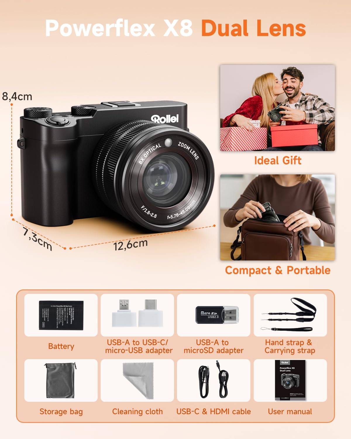 Rollei Aparat cyfrowy 64 MP 5K, aparat cyfrowy Powerflex X8 z podwójnym obiektywem z 8-krotnym zoomem optycznym, kompaktowy aparat z ekranem dotykowym 3,6 cala, przenośna kamera fotograficzna, 3 opcje