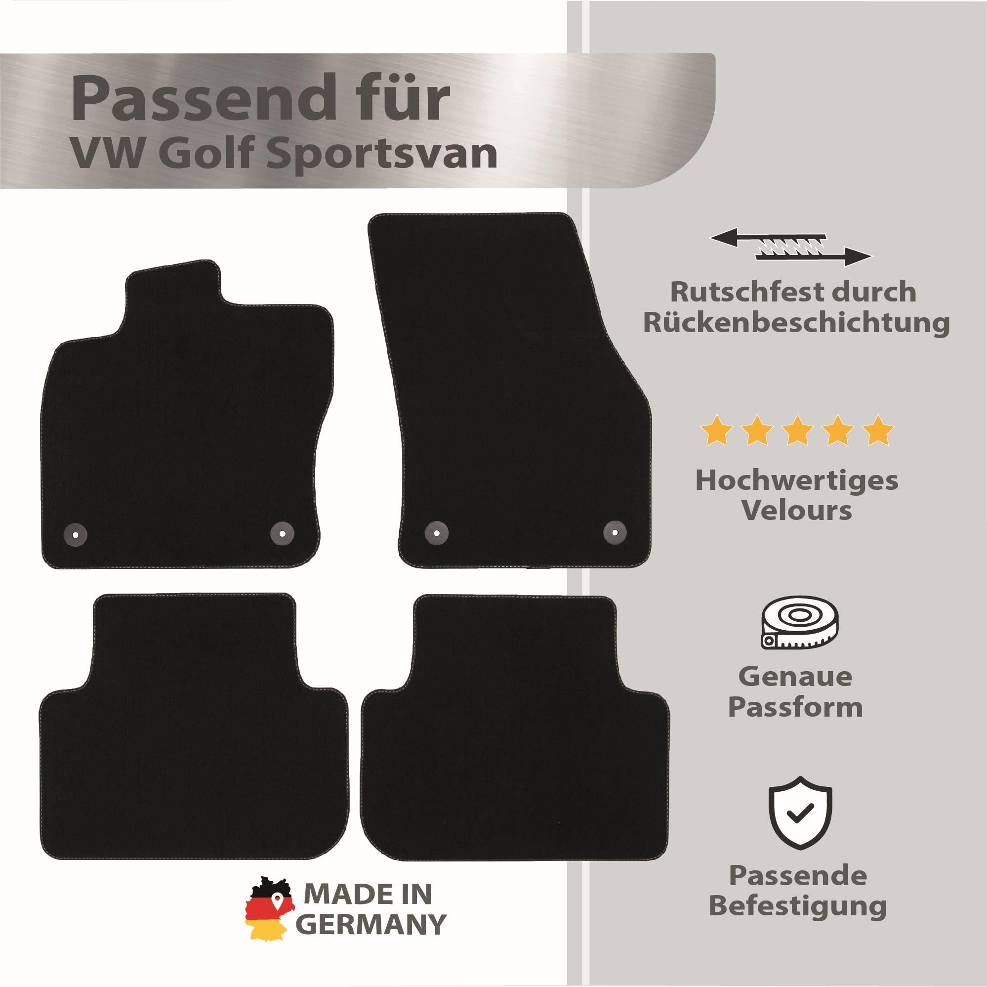 Silver-Line: VW Golf Sportsvan od roku produkcji 2014-02 dywaniki samochodowe, welurowe, jakość premium, 4-częściowy, czarne, gwarantowane dopasowanie