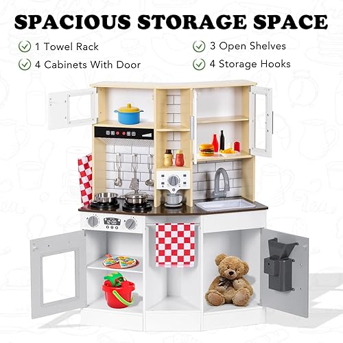 Miniatura 6 de Juego de cocina para niños, cocina de madera con grifo, fregadero, microondas, horno, delantal, gabinetes, juego de juguetes de cocina con sonido y