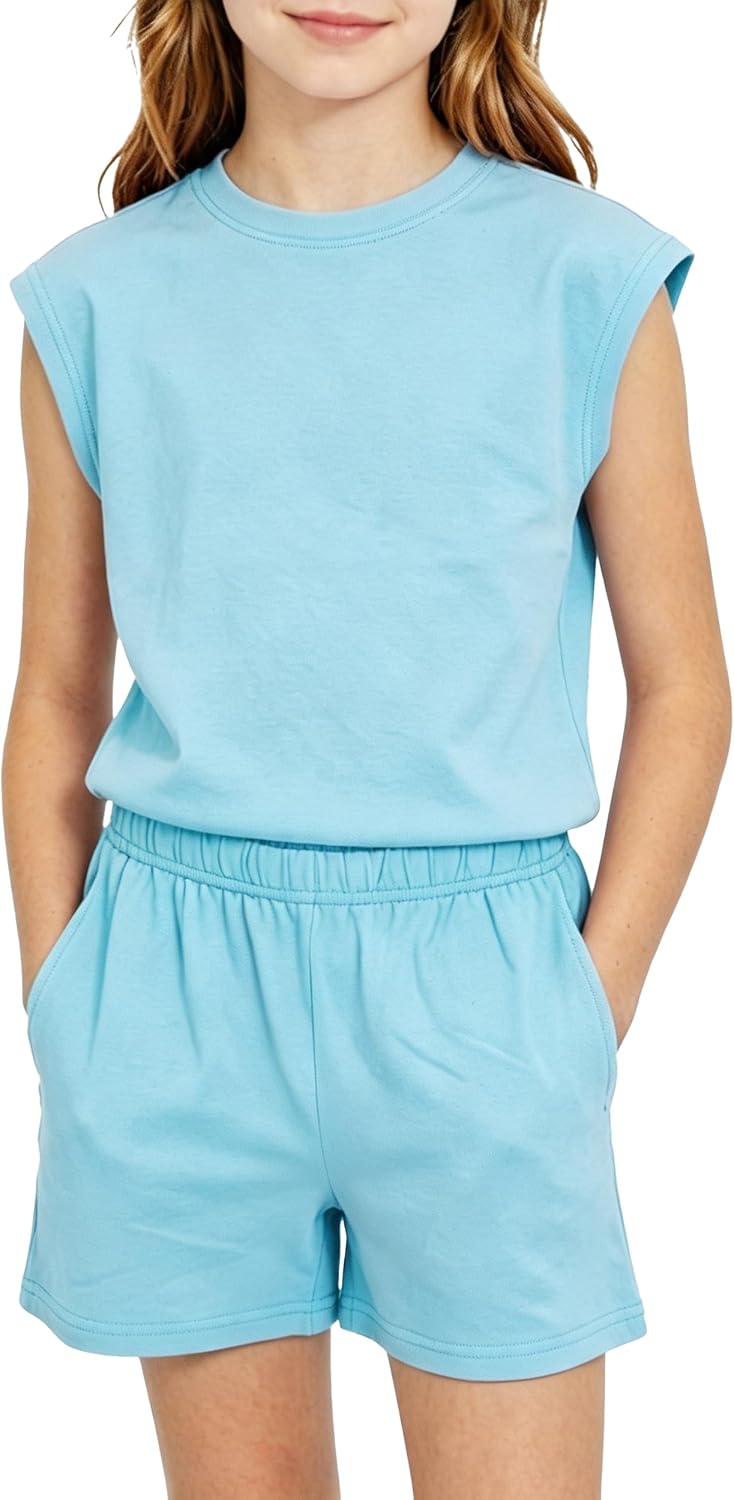 Girls Summer Outfits 2 Piece Kids Athletic Sets Teen Cute Cap Sleeve sets 5-14 Years