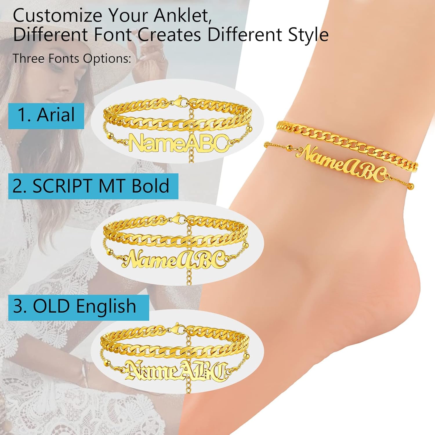 PROSTEEL Trendy Handcuffs Design/Customize Words Ankle Bracelet For Women, 316L Stainless Steel Anklets Silver/Gold/Black Tone, Hypoallergenic, Come with Box