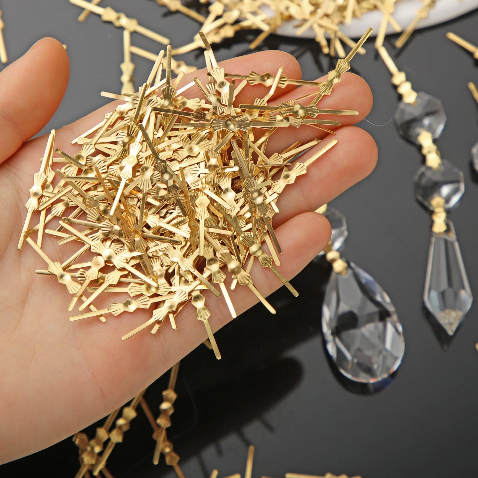 1000-Pack 33mm Brass Bowtie Connector Pins For Chandelier Crystal Prisms - Lamp Parts, Gold Finish