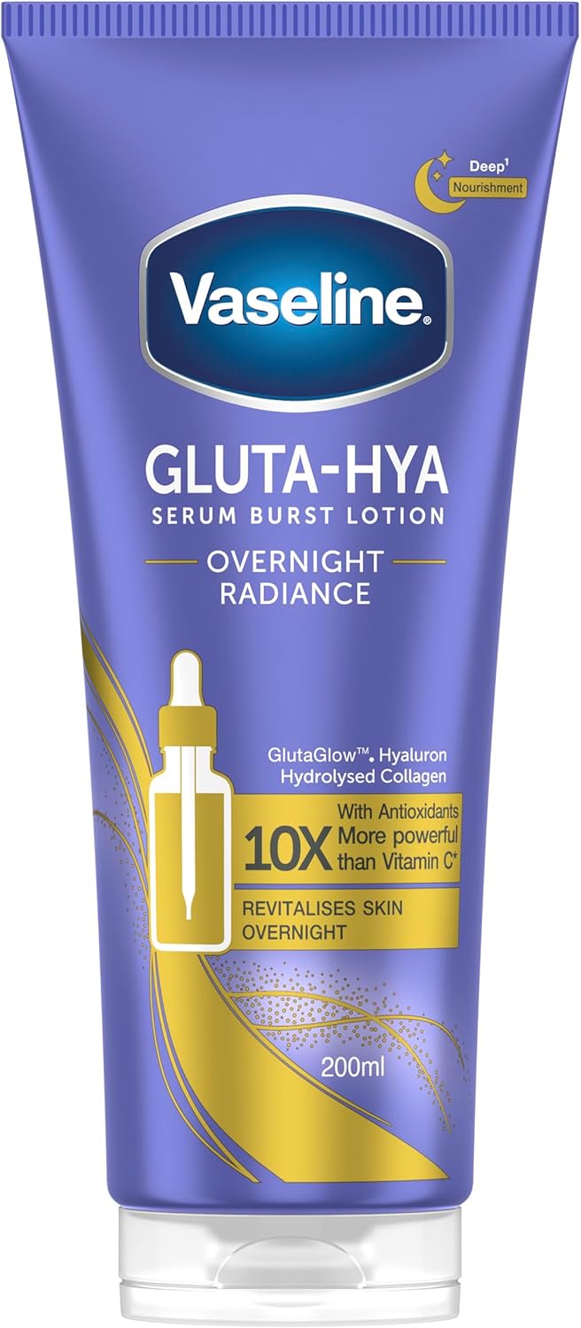 Vaseline Gluta-Hya Overnight Radiance Serum Burst Lotion Moisturiser – Body Lotion with GlutaGlow™, Hyaluron, Collagen & Antioxidants 10x Stronger Than Vitamin C*, For Plumper Skin in 5 Days 200ml