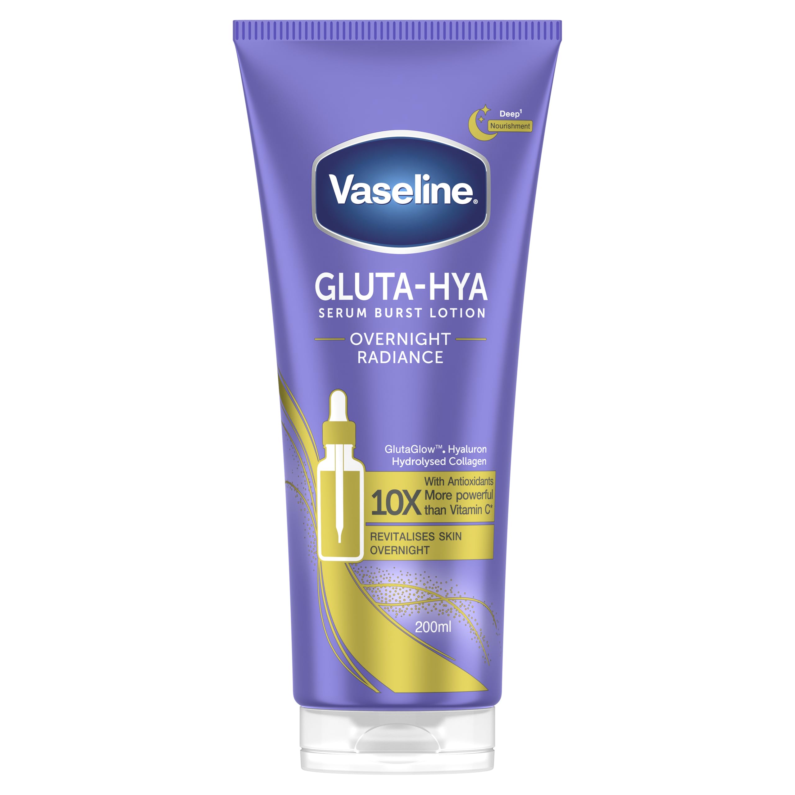 VaselineGluta-Hya Overnight Radiance Serum Burst Lotion Moisturiser – Body Lotion with GlutaGlow™, Hyaluron, Collagen & Antioxidants 10x Stronger Than Vitamin C*, For Plumper Skin in 5 Days 200ml