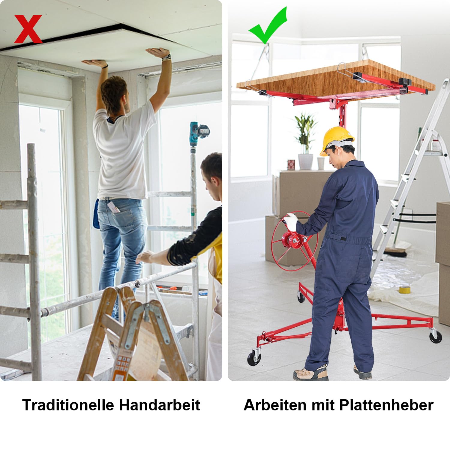 Elevador de placas plegable XXL, 132 – 335 cm, altura de trabajo ajustable, 68 kg de carga, máx. 294 cm de ancho, elevador de placas profesional estable con ruedas para placas de yeso y