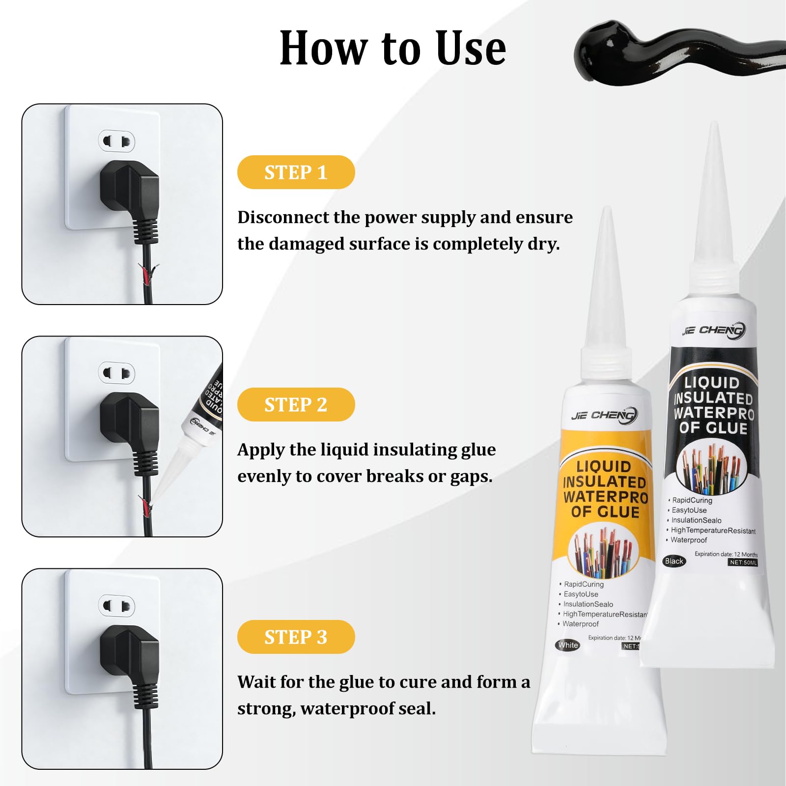 Gomma liquida, 2 pezzi da 50 ml, nastro isolante liquido, impermeabile e ad asciugatura rapida, adatto per tutti i cavi, cavi, apparecchi elettrici (nero + bianco)