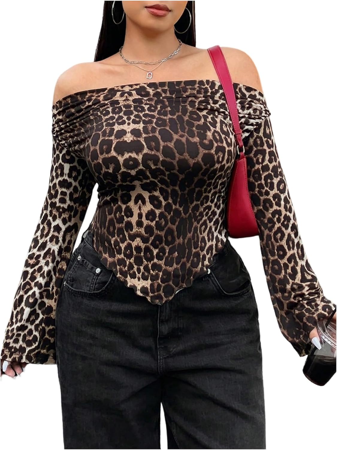 Verdusa Women's Plus Size Y2K Leopard Print Off The Shoulder Tops Flare Sleeve Graphic Tees