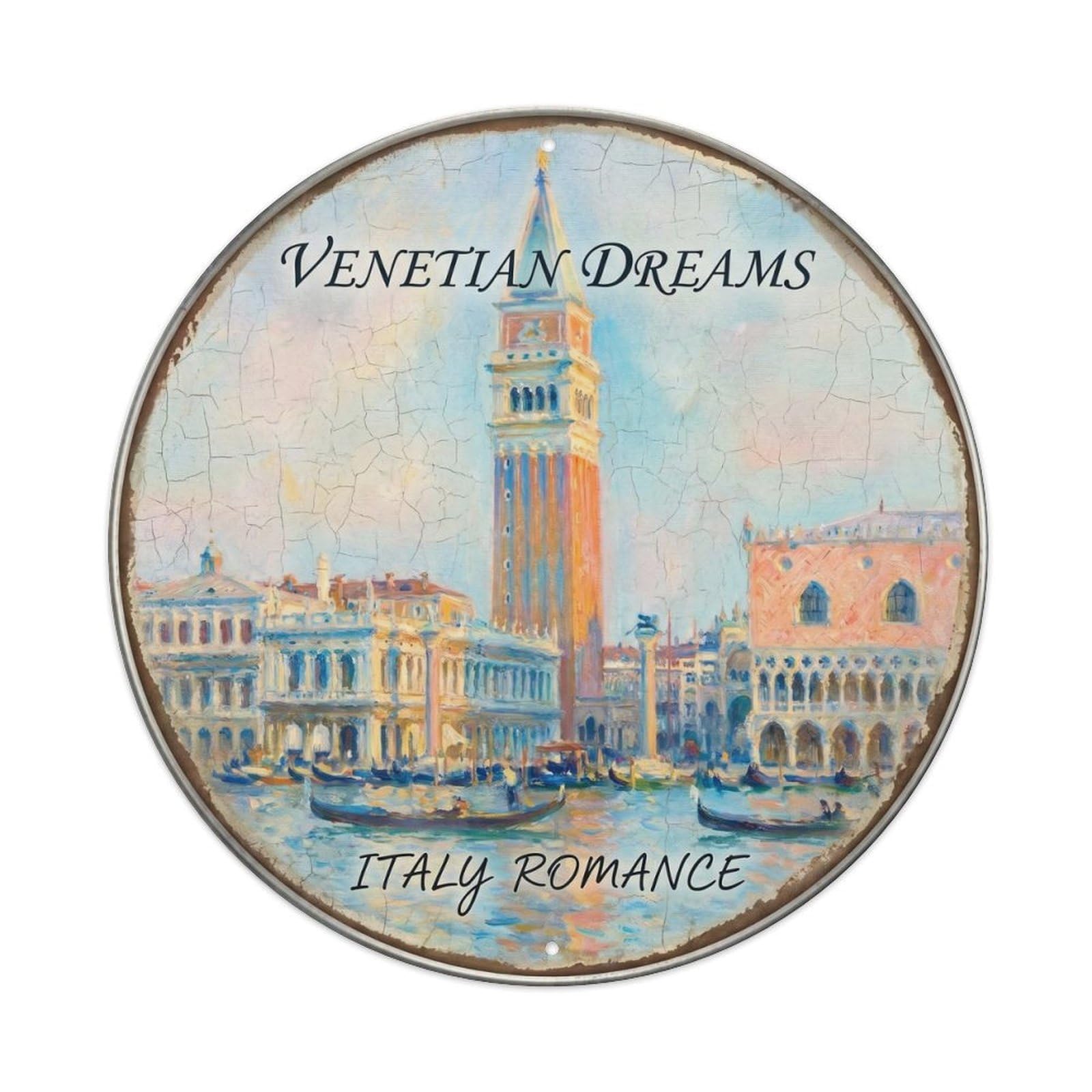 Vintage Travel Tower Italy Venetian 3027 Metal Tin Sign Plaque Wall Decor for Cafe, Club, Garden Round Metal Poster 8x8Inch