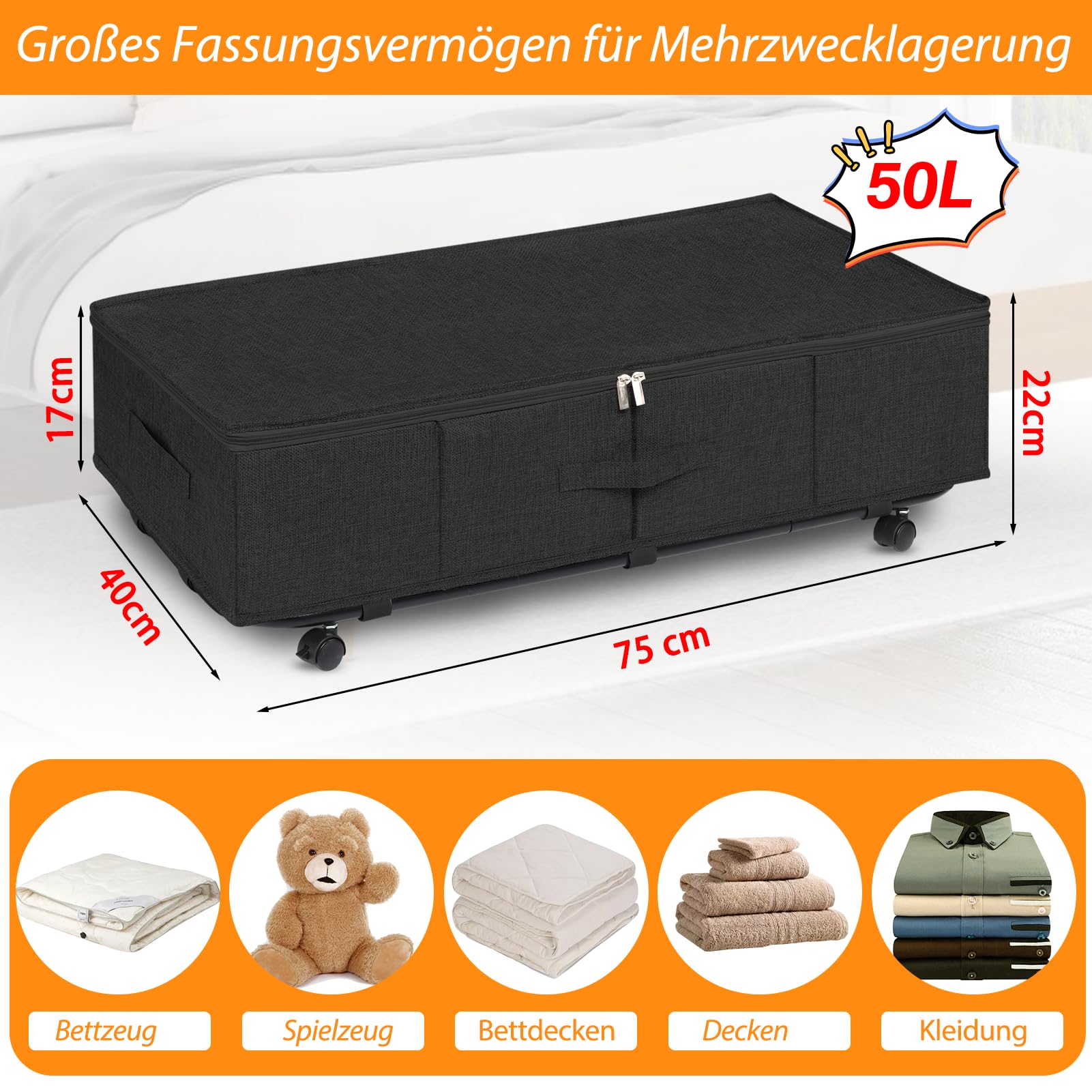 Unterbettkommode groß mit Rollen 360°Drehung, Unterbett Aufbewahrungsbox mit 3 Griffe, Aufbewahrungsbox mit deckel, Ultra dicken Bettdecken Aufbewahrung, bettkasten mit Rollen Schwarz(2 Stück)