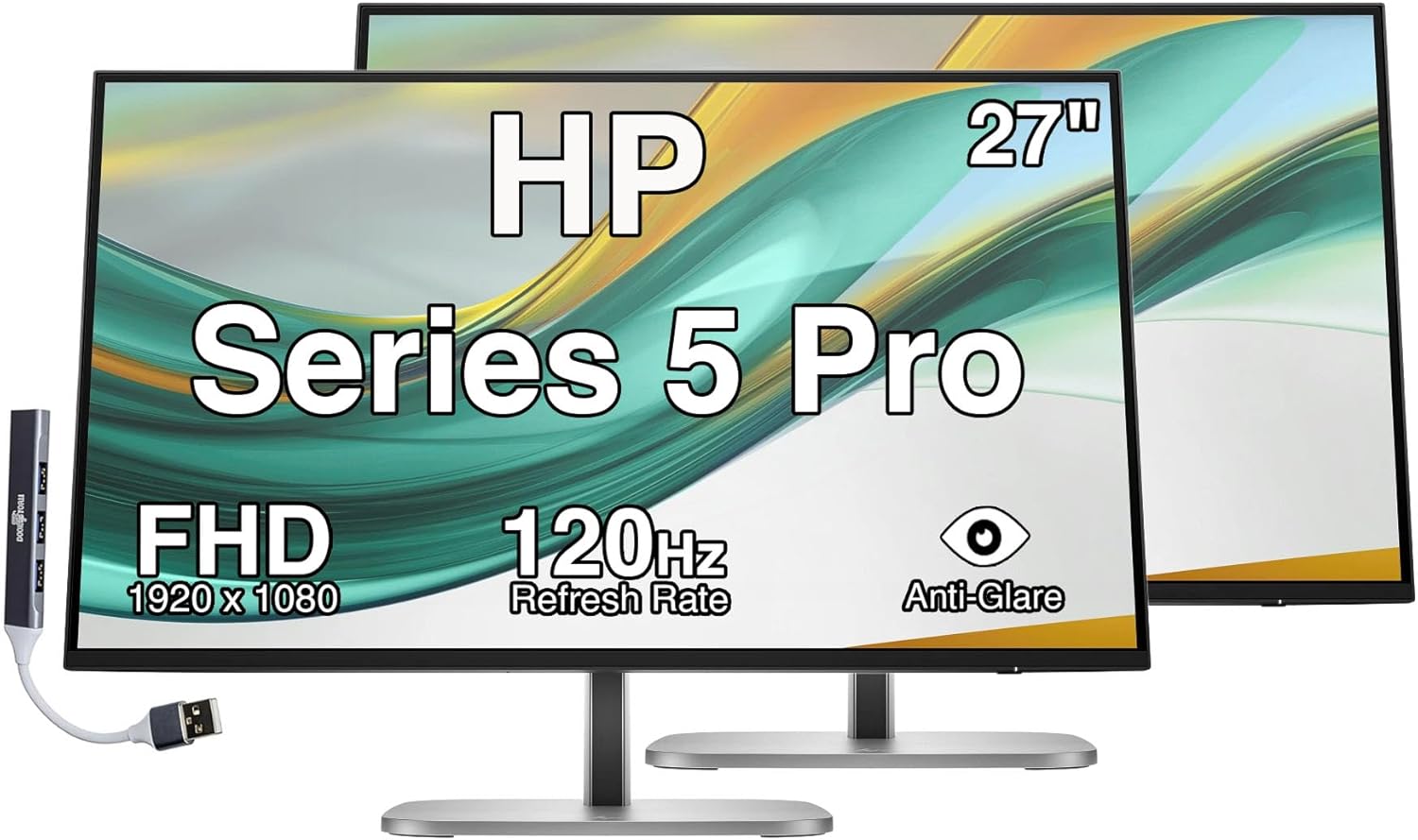 HP Series 5 Pro 27" FHD IPS Monitor with 120 Hz 350 Nits, 5ms, Anti-Glare, Flicker Free, VESA Mount (100mm), Adjustable Height, Swivel, Pivot & Dockztorm USB Port Expander