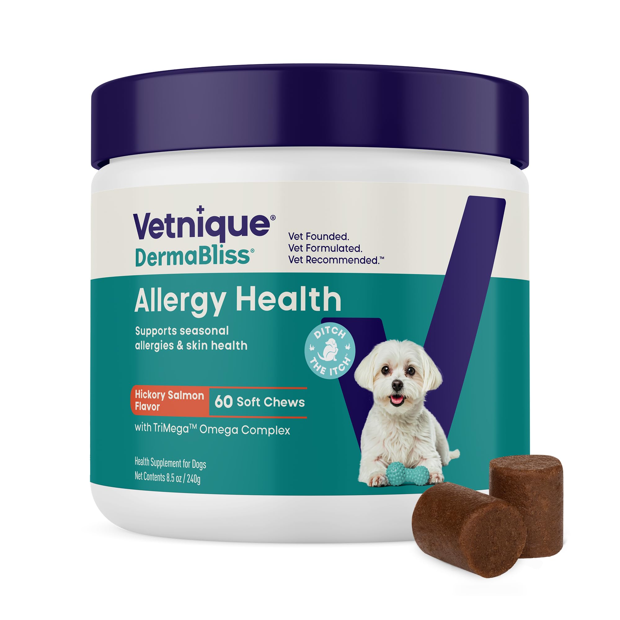 Vetnique Dermabliss Seasonal Dog Allergy Relief & Immune Support Supplement Allergy Chews for Dogs Itching and Licking with Omega 3 Fish Oil & Probiotics for Itch Relief (60 Count Chews)